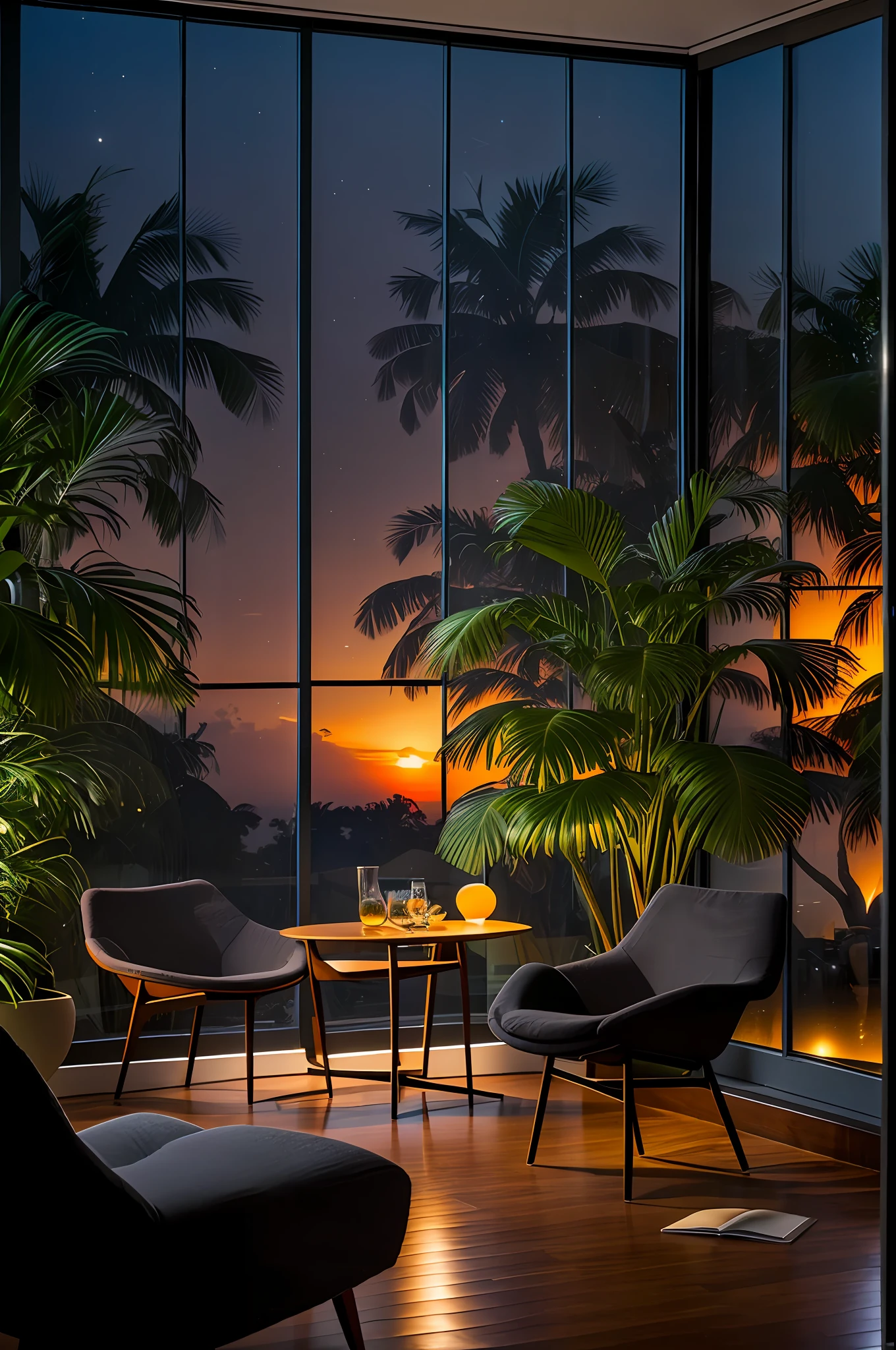 Mid-century modern living room, light-colored furniture, charles exames, very bright with dark and rainy night outside, (noite chuvosa e nebulosa: 1.2), Pacific Northwest, (dim lighting: 1.4), (dim lighting: 1.2), plantas, plantas grandes, chuvosa, monstera, muitas plantas, ( Blurry windows:1.2), obra-prima, melhor qualidade, hora crepuscular, (noite:1.4), noite chuvosa, after sunset,