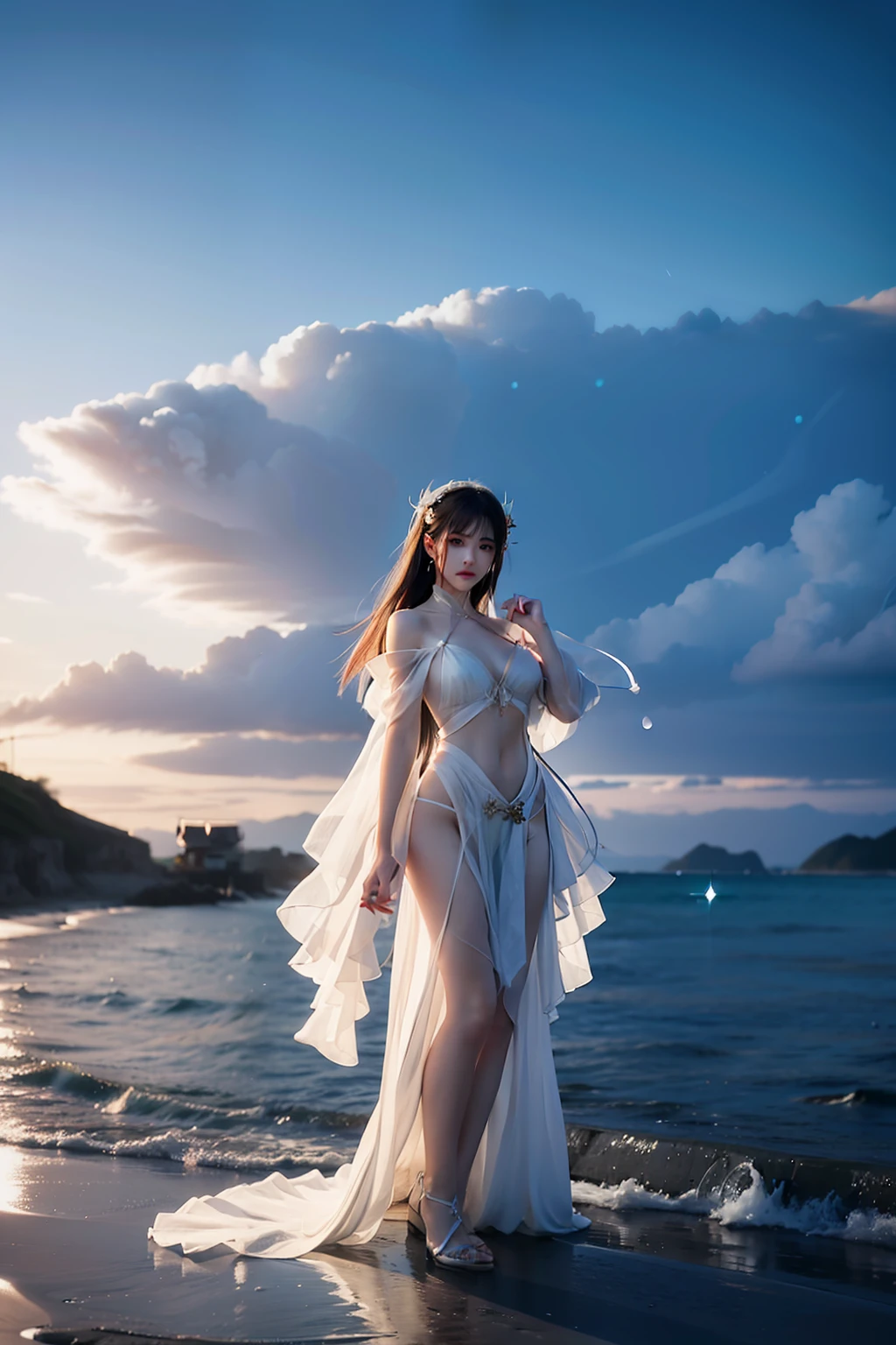 Woman in white dress standing in sea, wlop. 4 k, By Raymond Han, wlop and ross tran, by Victor Wang, Jason Chan, ross tran 8 k, By Russell Dongjun Lu, inspired by WLOP, Beautiful Asian Girl, by Li Song, in style of wlop, by Fan Qi