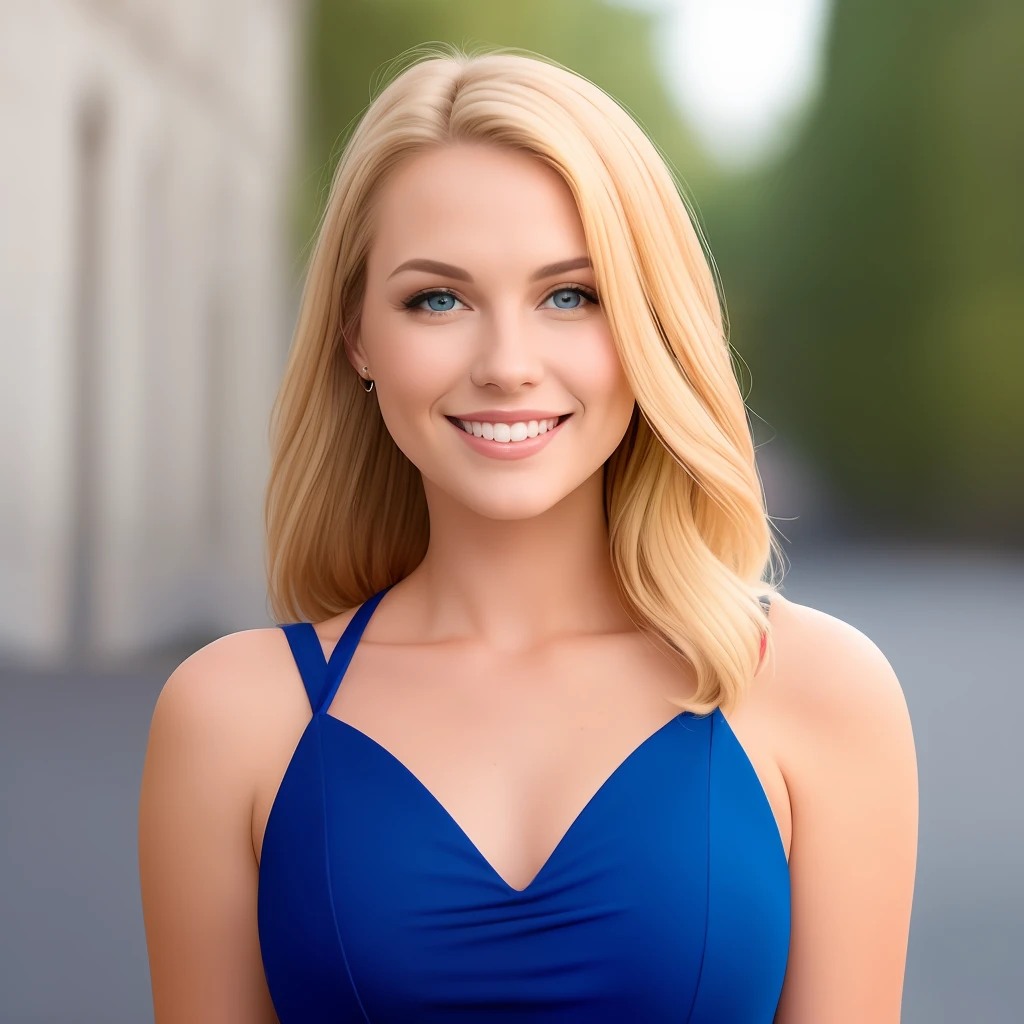 Blonde woman with blue eyes in a low-cut dress looking forward smiling
