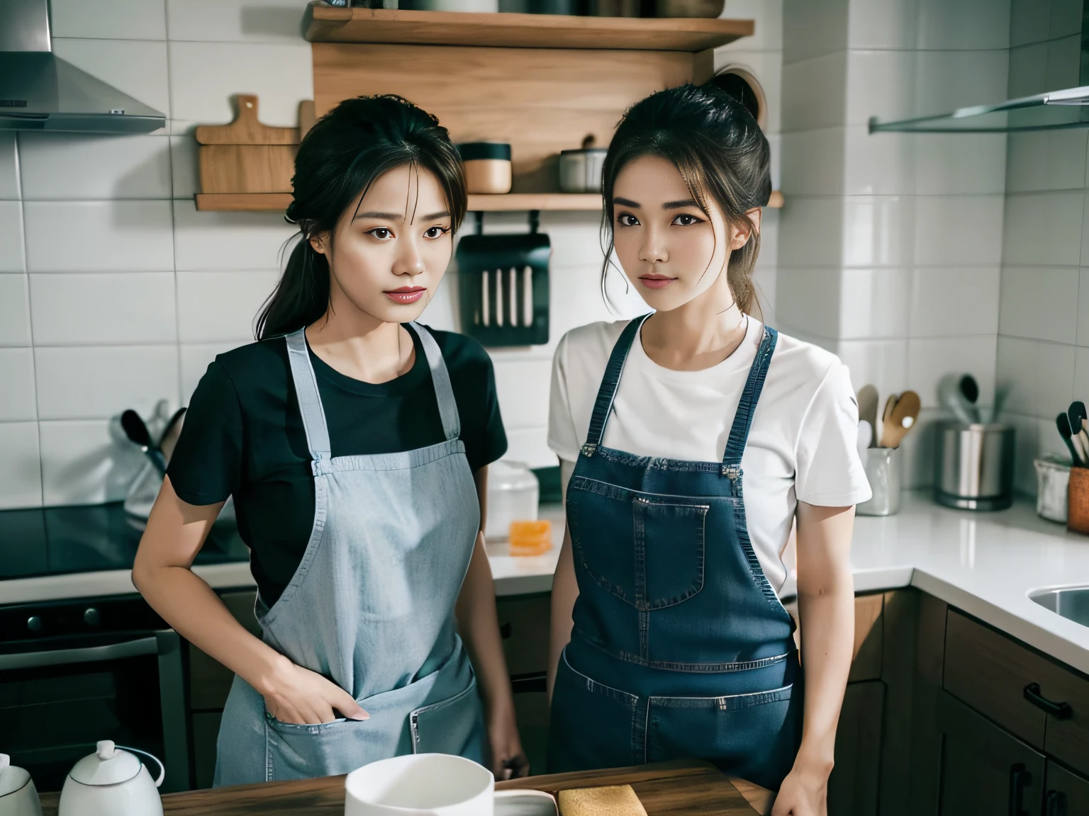 2 women,at the kitchen,Wear a T-shirt、Jeans and aprons,Focus on washing dishes,The face is the focal point。