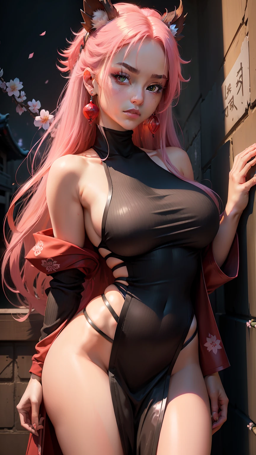 (Masterpiece, Excellent, 1girl, solo, complex details, color difference), realism, ((medium breath)), off-the-shoulders, big breasts, sexy, Yae Miko, long pink hair, red headdress, red highlight, hair above one eye, green eyes, earrings, sharp eyes, perfectly symmetrical figure, choker, neon shirt, open jacket, turtleneck sweater, against the wall, brick wall, graffiti, dim lighting, alley, looking at the audience, ((mean, seductive, charming)), ((cherry blossom background ))),((Japanese temple background)))), (((Glow-in-the-dark background)))