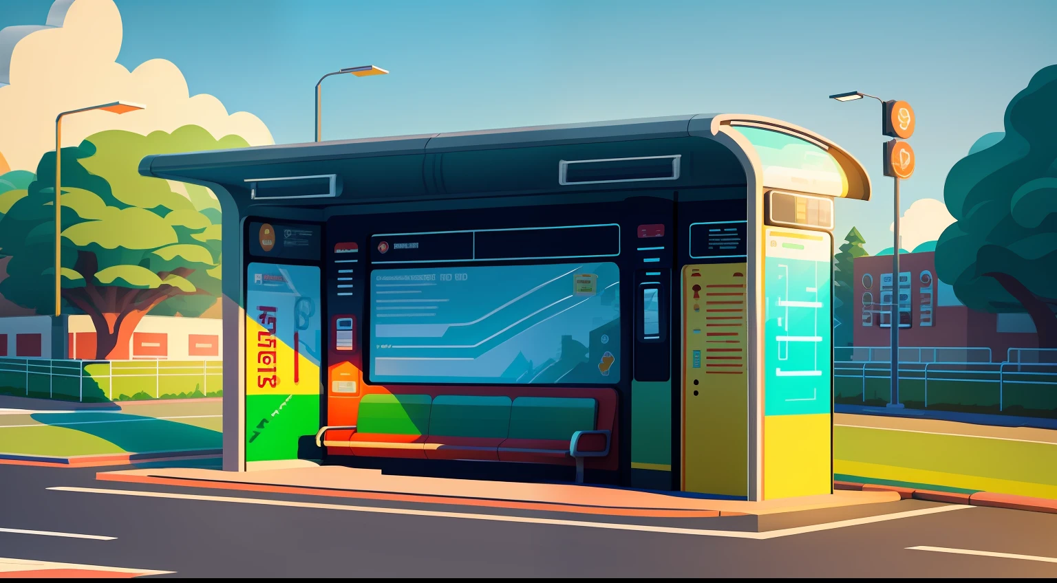 Isometric style，120 degrees accurate，Polyart，On the side of the road，There is a bus stop，There are a lot of billboards, Three digital billboards in the middle, Electronic billboards, Super detail，Super detail，Super detail，Super detail，Super detail，3D stylized scene