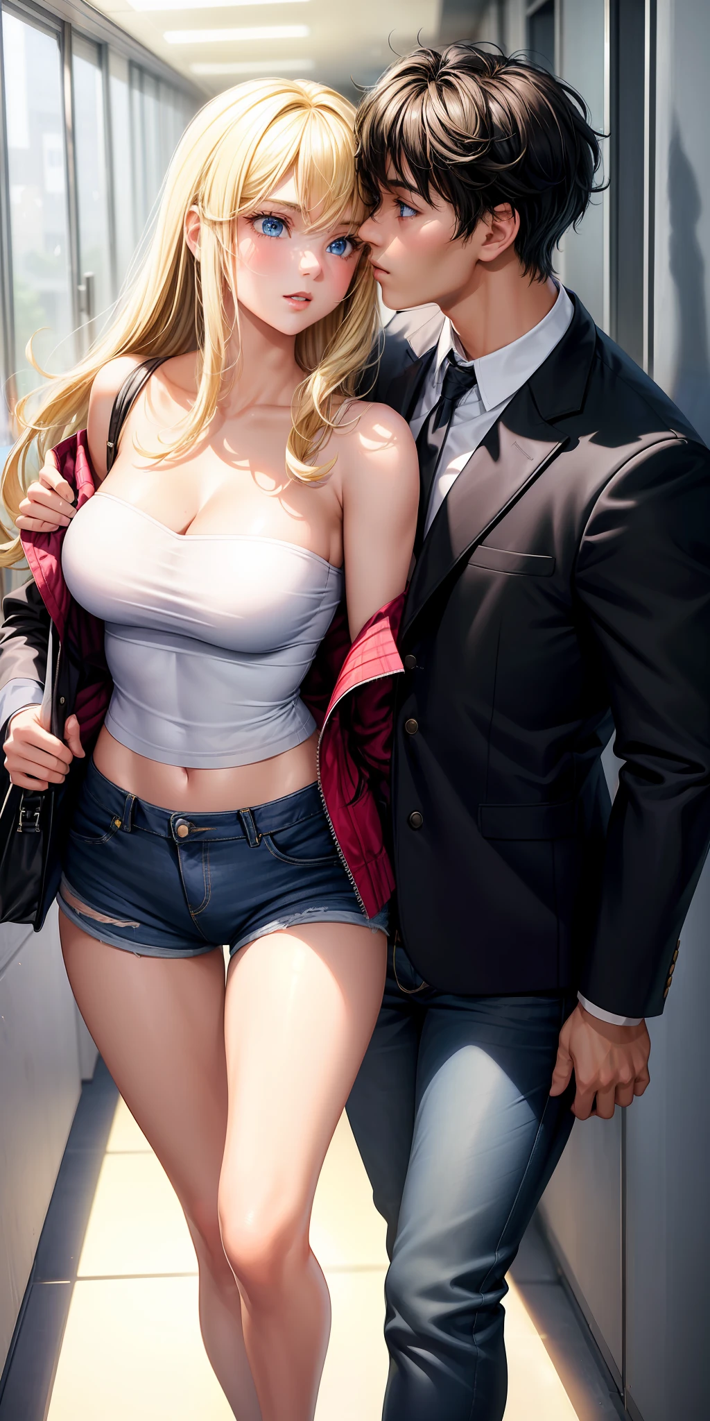 ((couple kissing in the school hallway)) romantic mood, big breasts, 1girl, ((blonde hair)) ((girl)), blue eyes, hyperdetailed eyes, has an extremely sexy body, with big breasts and a small waist, and an extremely sexy body, strapless blouse, short shorts. ((1 boy)) ((black hair)) wearing a blazer, long jeans,