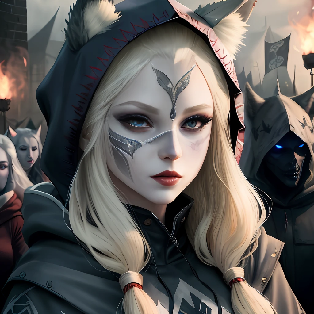 Demon woman, blonde, smoky pattern on the face, hood, panic, apocalypse, full-length fantasy wolf