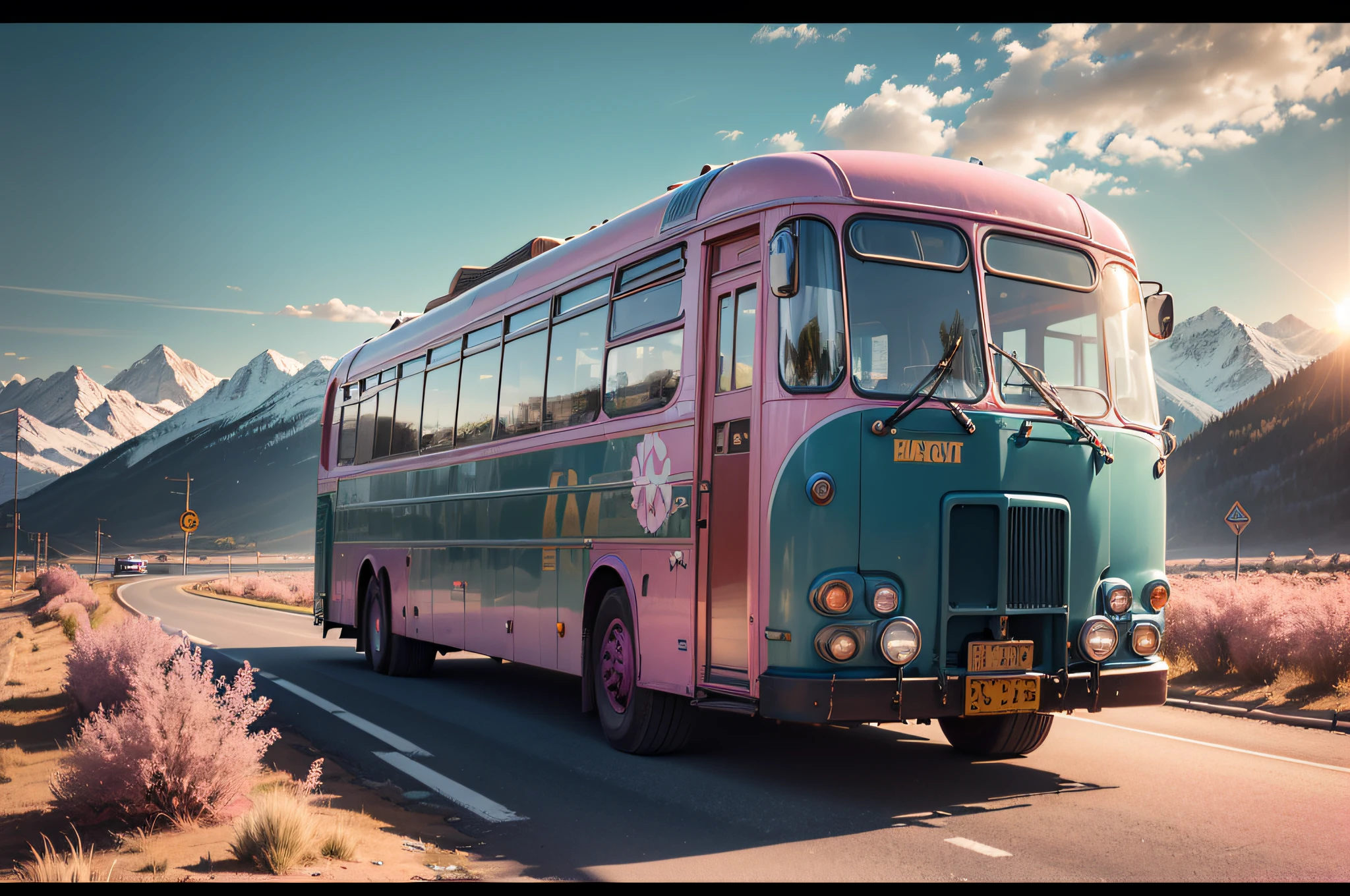 RAW photo, best, masterpiece, best quality, high quality, extremely detailed, "a bus on the highway: 1.4" travels west,
(windshield flashing pink:1.3),
(pink reflecting on metal:1.3),
rubbing (the dented flank
blue enamel, struck:1.2),Late afternoon, the sun hides behind the mountains, the rosy atmosphere of sunlight, intricate details, hyper-realistic natural light,