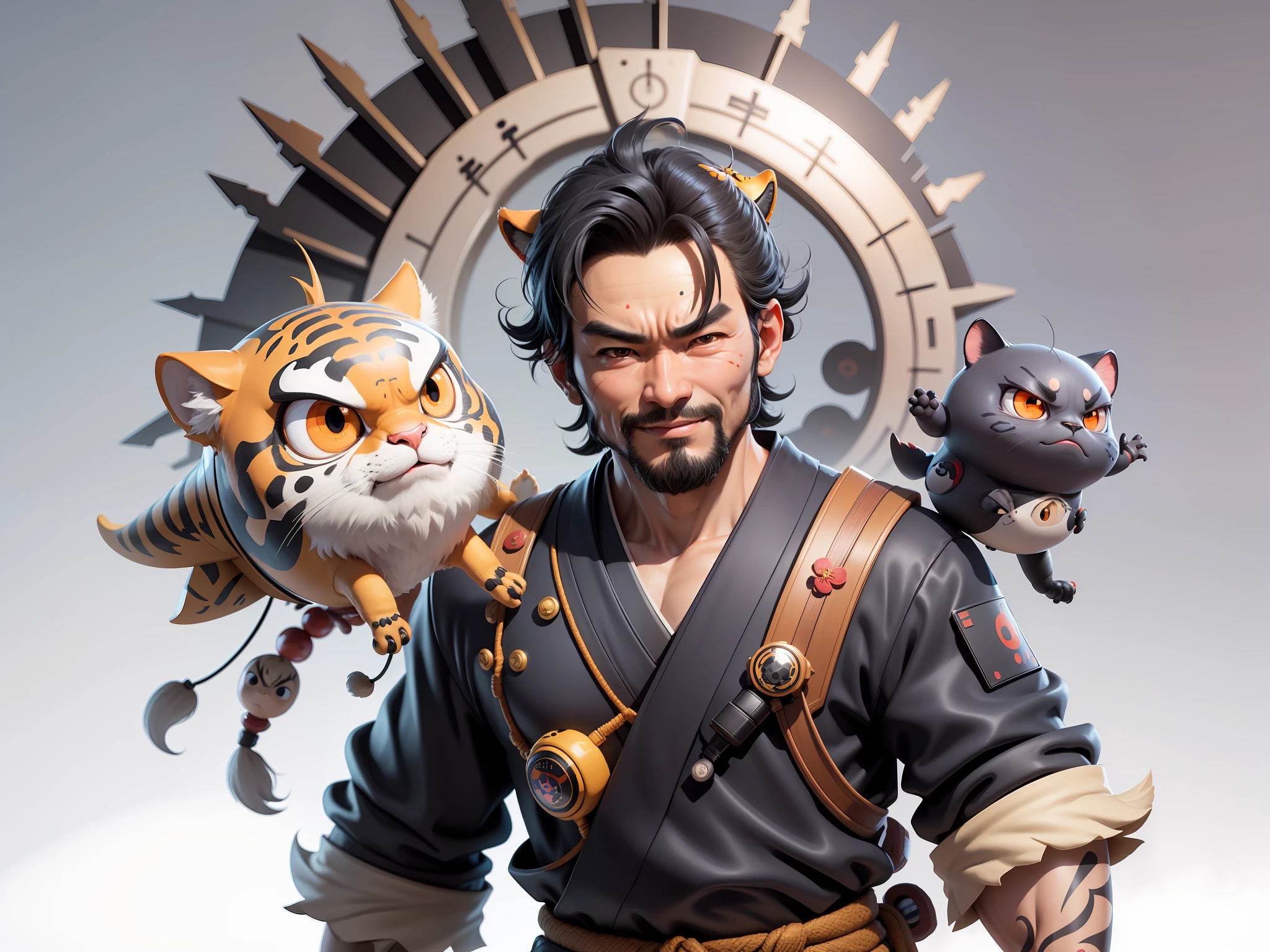 (Daisaku),(Need),(Super meticulous),(full bodyesbian:1.2),Super young man with Japanese geisha,Beautiful,orient,one tiger,Aeolian Thor,Raised sexy,爆乳,Oriental face,TV Anchor,Bust portrait illustration,In black suit,a blue tie,The face is slightly chubby,The face was clean,without a beard,Black super short hair,Black eyes,Smile confidently,3C computer sub-products,iPad, iphone,Digital painting,3D character design by Mark Clairen and Pixar and Hayao Miyazaki and Akira Toriyama,The illustration is a high-definition illustration in 4K resolution,With very detailed facial features and cartoon-style visuals。