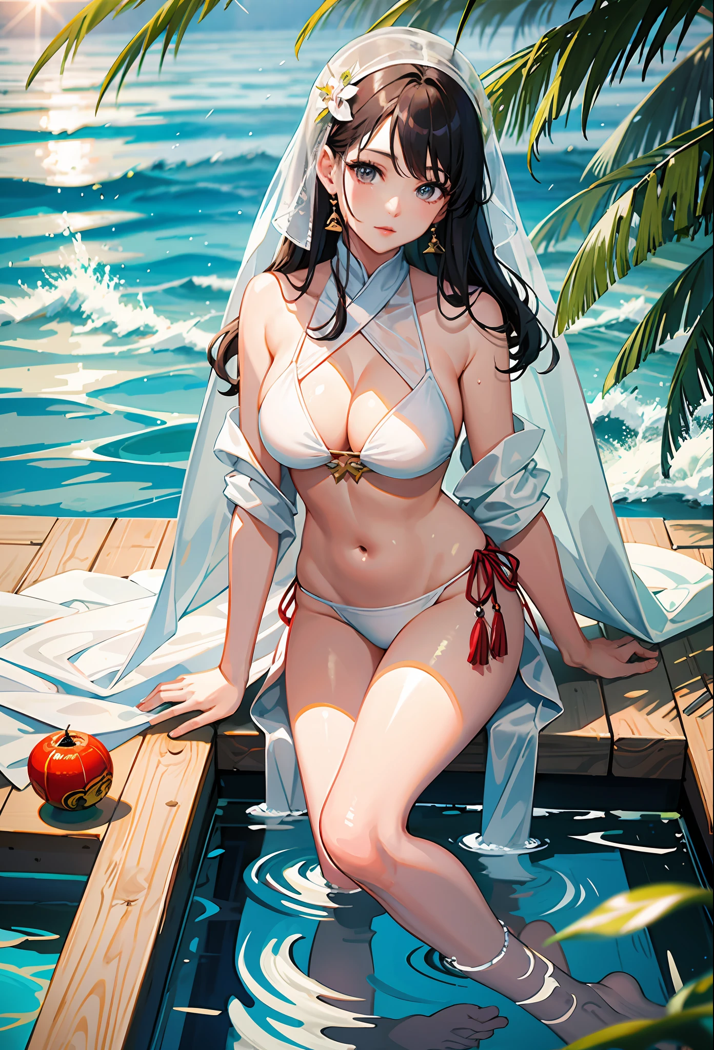 araffe asian woman in a white bikini sitting in a pool, Sexy girl, swimsuit, hot with shining sun, gorgeous chinese models, Wet swimsuit, White bikini, in a bikini, Beautiful Asian girl, gorgeous bikini model, queen of the sea mu yanling, Korean girl, Beautiful model girl, bikini model, swimsuit model