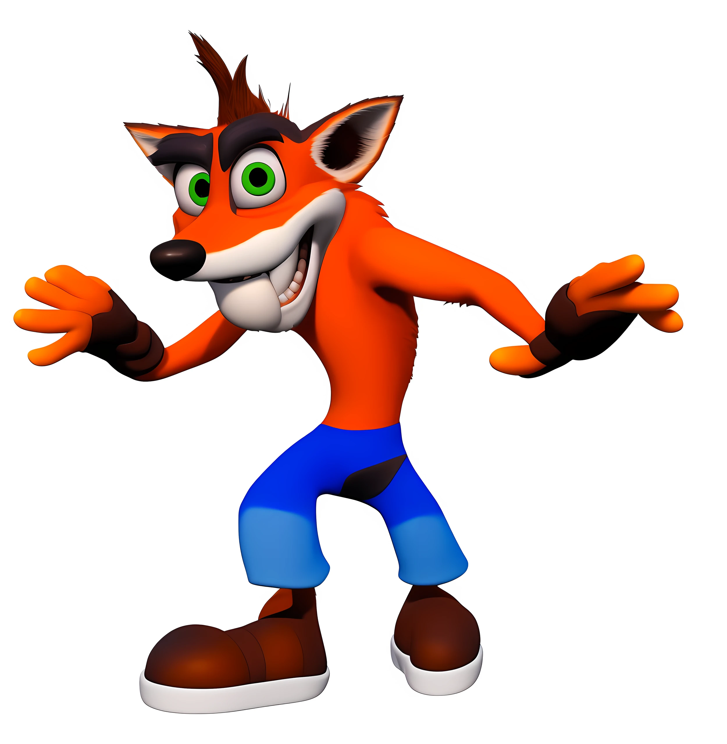 um close up de um personagem de desenho animado com um grande sorriso, bater bandicoot artstyle, Bater Bandicoot, Nick Wilde, crash, 1 9 9 8 rendering, Caractere mesclado, toon rendering, 9 0 s CGI, render cachorro, Foxy, promotional render, tonic the fox, Mostrar sombreador, personagem de desenho animado, Pose de personagem, anthropomorphic character, Textura realista, boca aberta, dentes 2d.