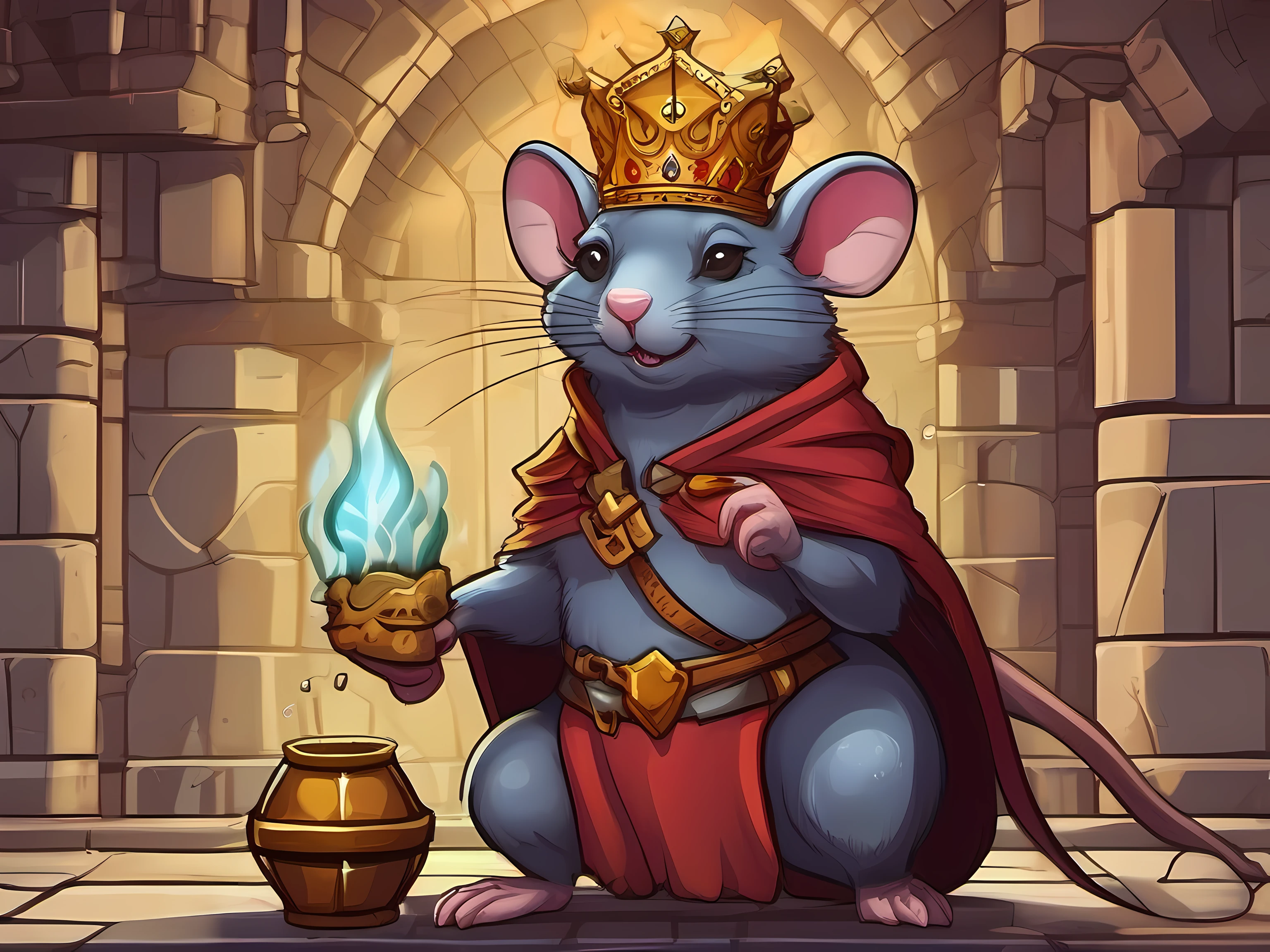 cartoon illustration of a royal rat enemy in a dungeon, fantasy rat queen, fantasy rat with a crown, fantasy art, mobile game art, stylized game art, 2d game art, 2 d game art, digital illustration, dungeon background, high detail, high quality, concept art, character design