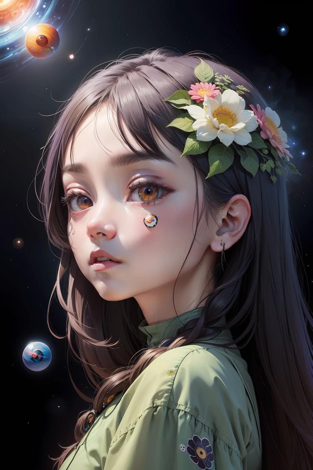 a sticker with a picture of a human eye surrounded by flowers and plants, the eye of the universe, inspired by Kagaku Murakami, inspired by Murakami, symmetrical sticker design, many eyes in space, eyeball, galaxy in the eye 👁️