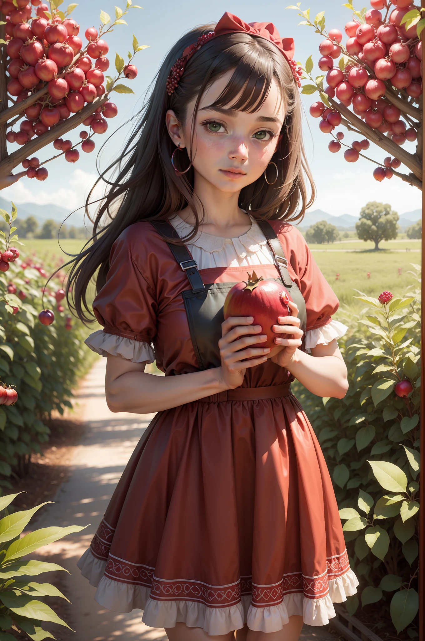 Pomegranate in hand，Green mountain orchard in the background，The whole is a real photo effect，Facial dermabrasion of the character has a real human texture