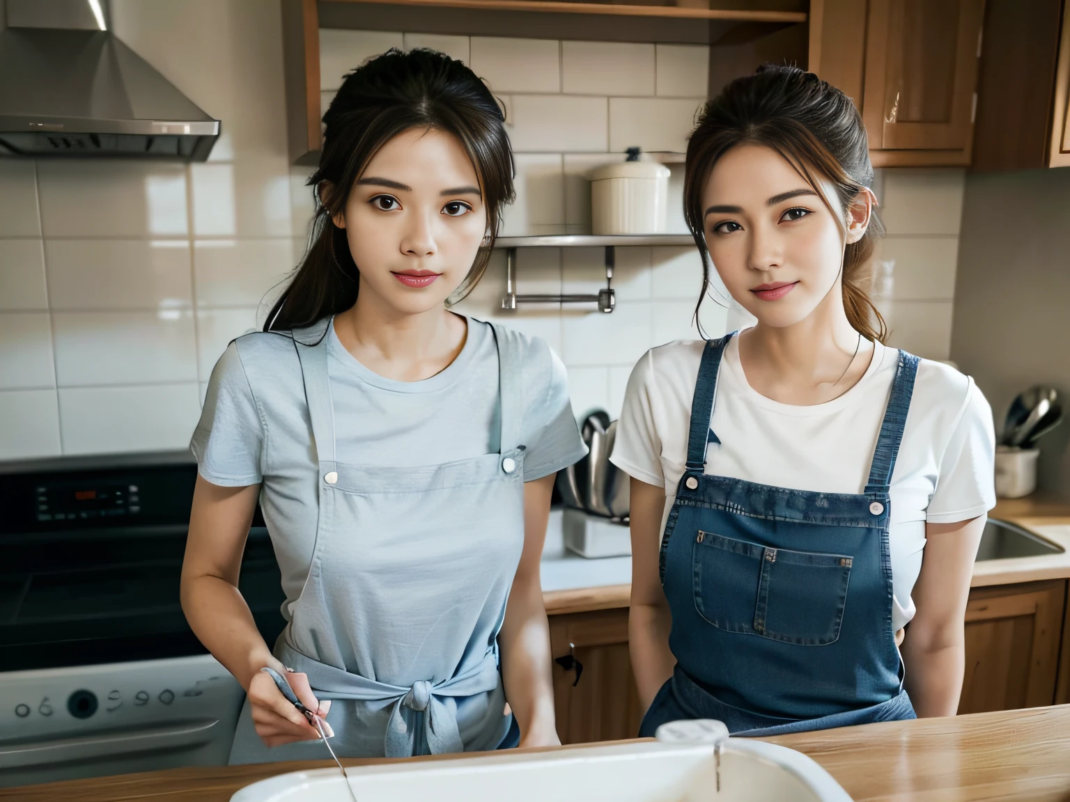 2 women,at the kitchen,Wear a T-shirt、Jeans and aprons,Focus on washing dishes,The face is the focal point。