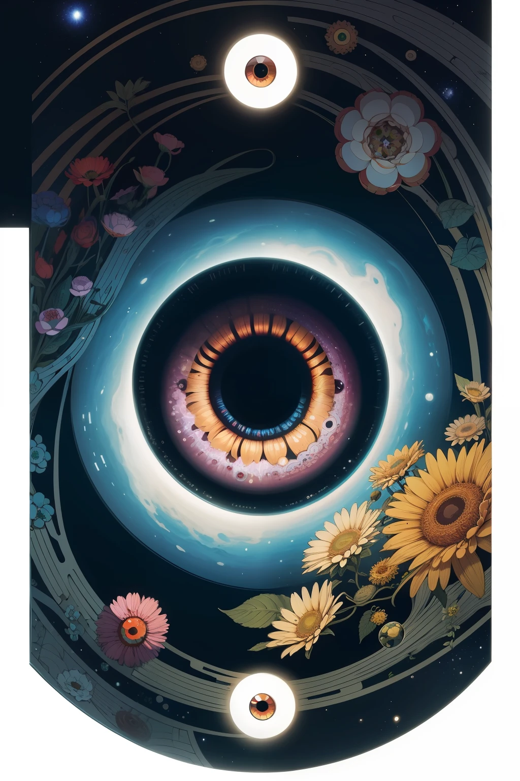 a sticker with a picture of a human eye surrounded by flowers and plants, the eye of the universe, inspired by Kagaku Murakami, inspired by Murakami, symmetrical sticker design, many eyes in space, eyeball, galaxy in the eye 👁️
