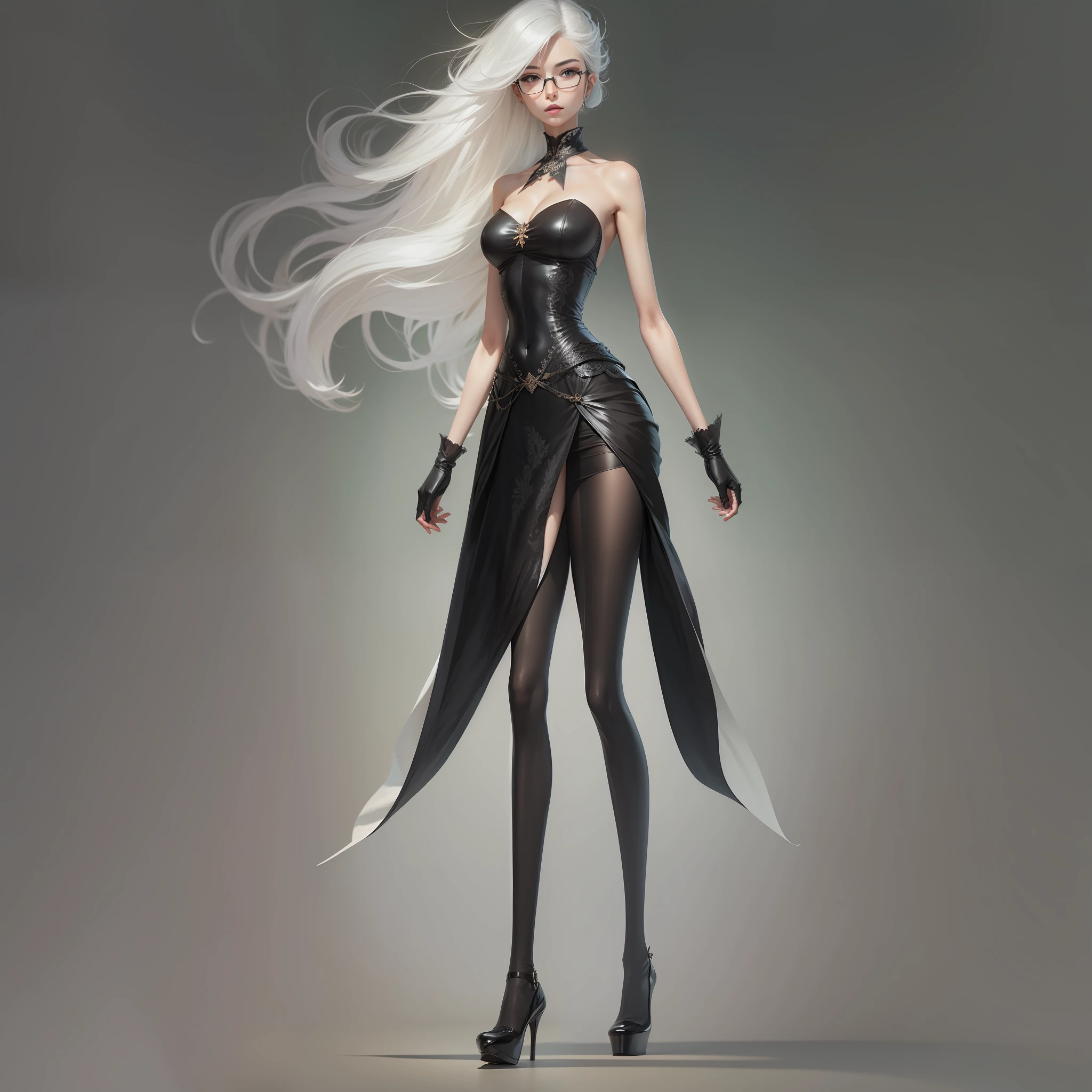 Long-legged black silk,Tall,Charming,Bigchest,White-haired glasses beauty
