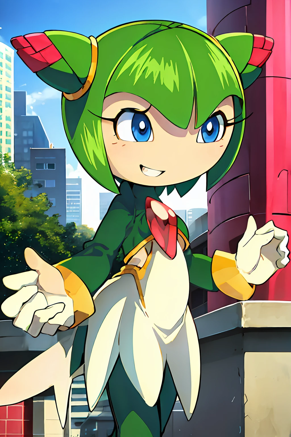 sthcosmo, seedrian, blue eyes, cone hair bun, green hair, short hair, green dress, red gemstone, smile, looking at viewer, city , extra large breasts