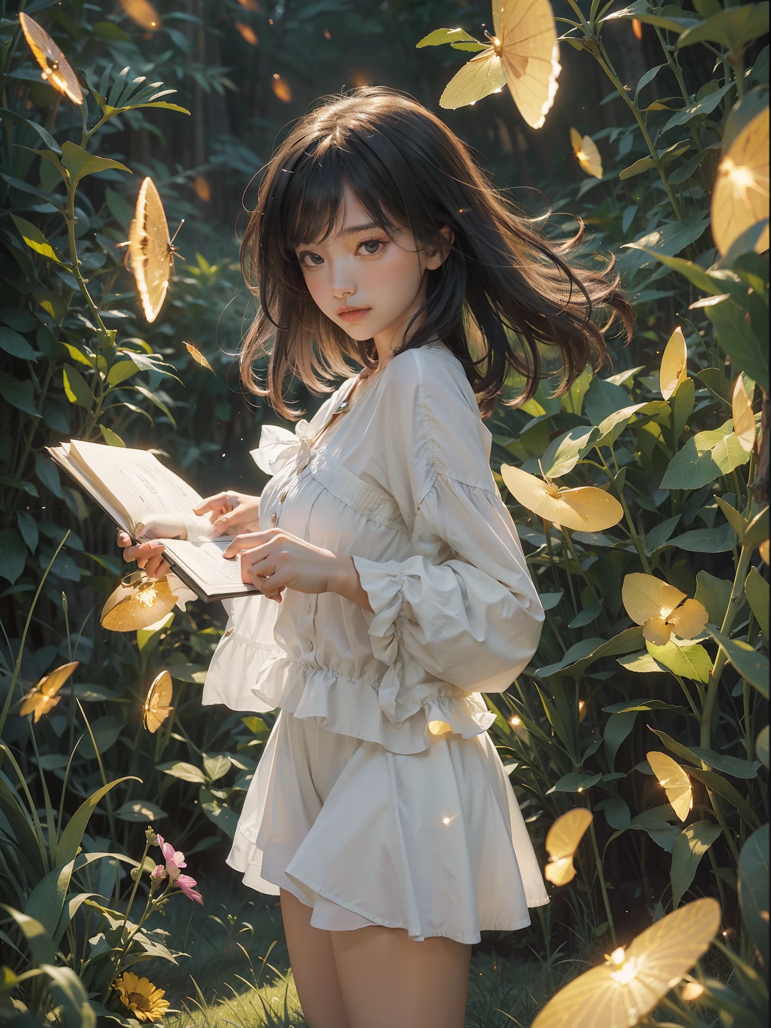bit girl,There are large tracts of fireflies,Summer is coming to an end,On the lawn,evening light,Skysky,Faraway view,Hand detail,detail in face,plethora of colors