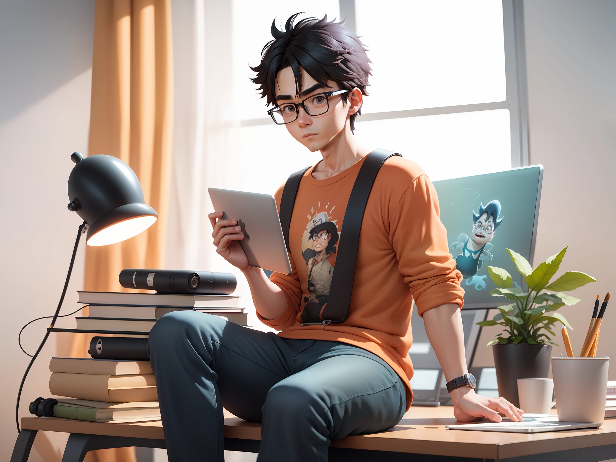 A young man with glasses sits at his desk，holding laptop，digitial painting，3D character design by Mark Clairen and Pixar and Hayao Miyazaki and Akira Toriyama，4K HD illustration，Very detailed facial features and cartoon-style visuals。