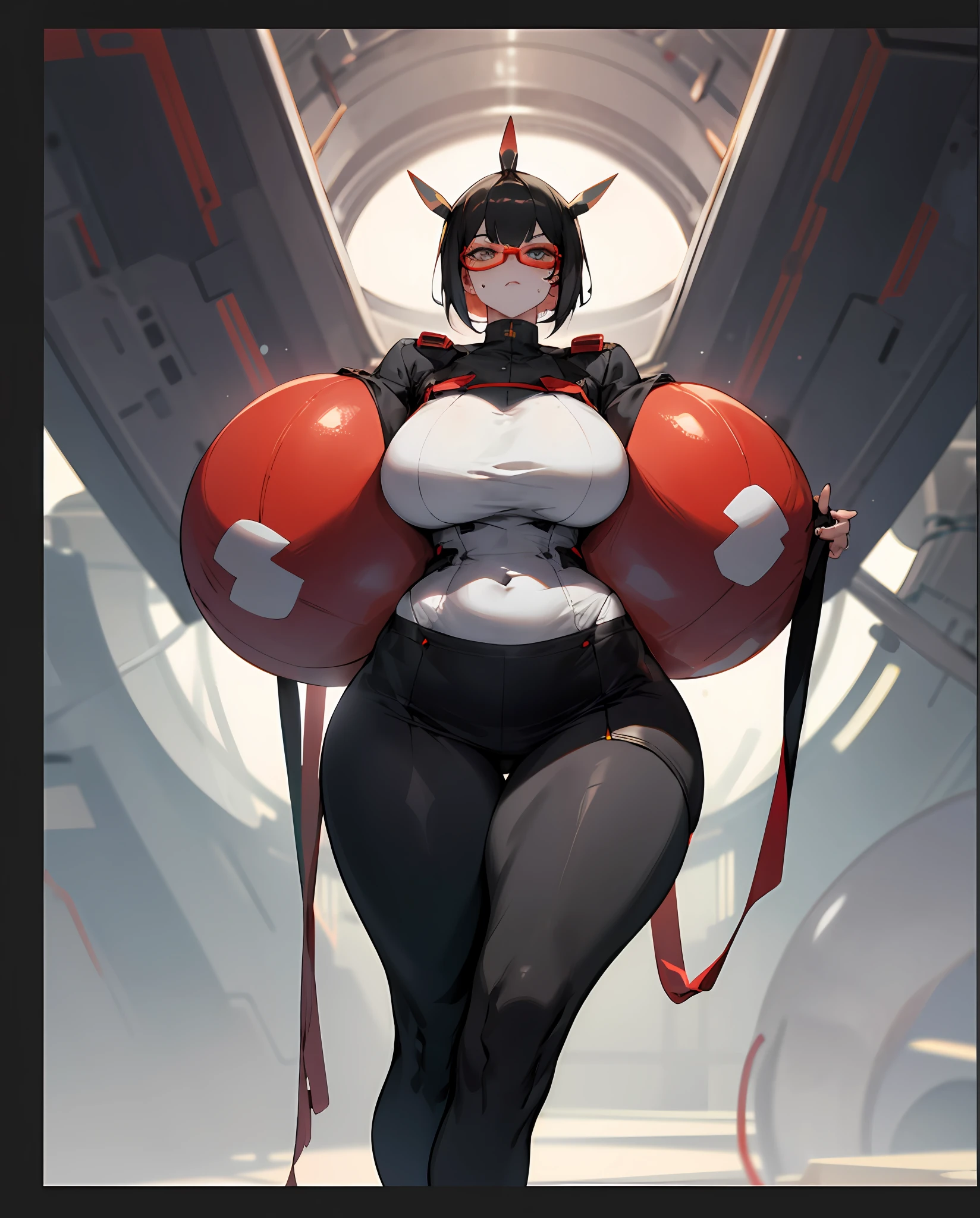 huge tit,Giant buttocks,perfect bodies,perfectly proportions,Perfect image quality,4k,Black skinny skirt with hips,with short black hair,Wear rectangular red glasses ,Flushed complexion,Sweating of the lower extremities,and wear no underwear,The breasts are separated