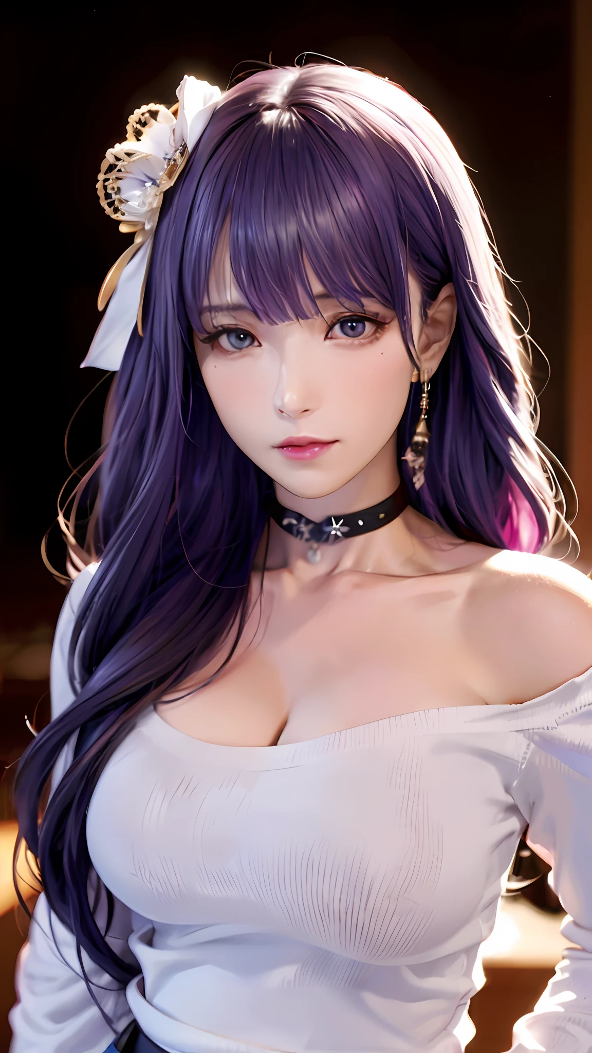 Close-up of a woman with long purple hair in a white blouse, photorealistic anime girl rendering, 8K Artgerm bokeh, seductive anime girls, Realistic young anime girl, Guviz, Guviz-style artwork, Anime girl cosplay, Realistic anime 3 D style, trending on cgstation, Photorealistic anime, Rendu portrait 8k,(fidelity,fidelity:1.4)