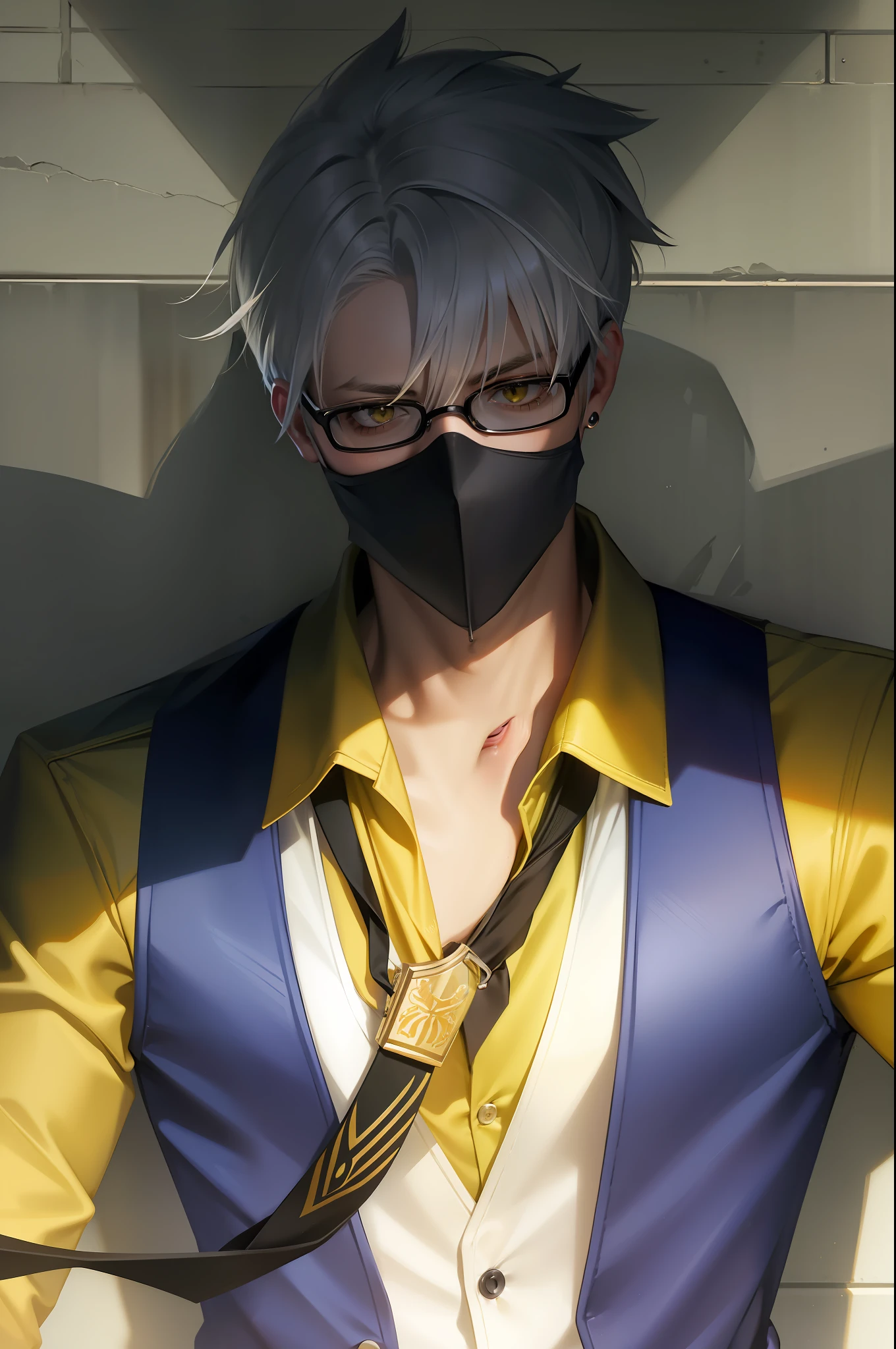 "Edgy dude with the badass attitude, light yellow eyes, handsome teacher, shirt, and glasses, white hair, brown tie, and mouth mask."