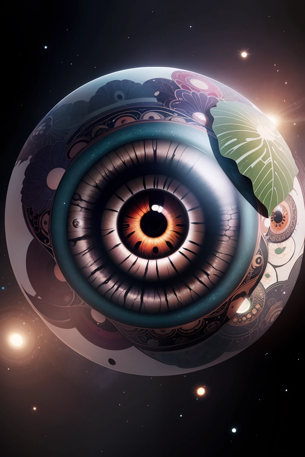 a sticker with a picture of a human eye surrounded by flowers and plants, the eye of the universe, inspired by Kagaku Murakami, inspired by Murakami, symmetrical sticker design, many eyes in space, eyeball, galaxy in the eye 👁️