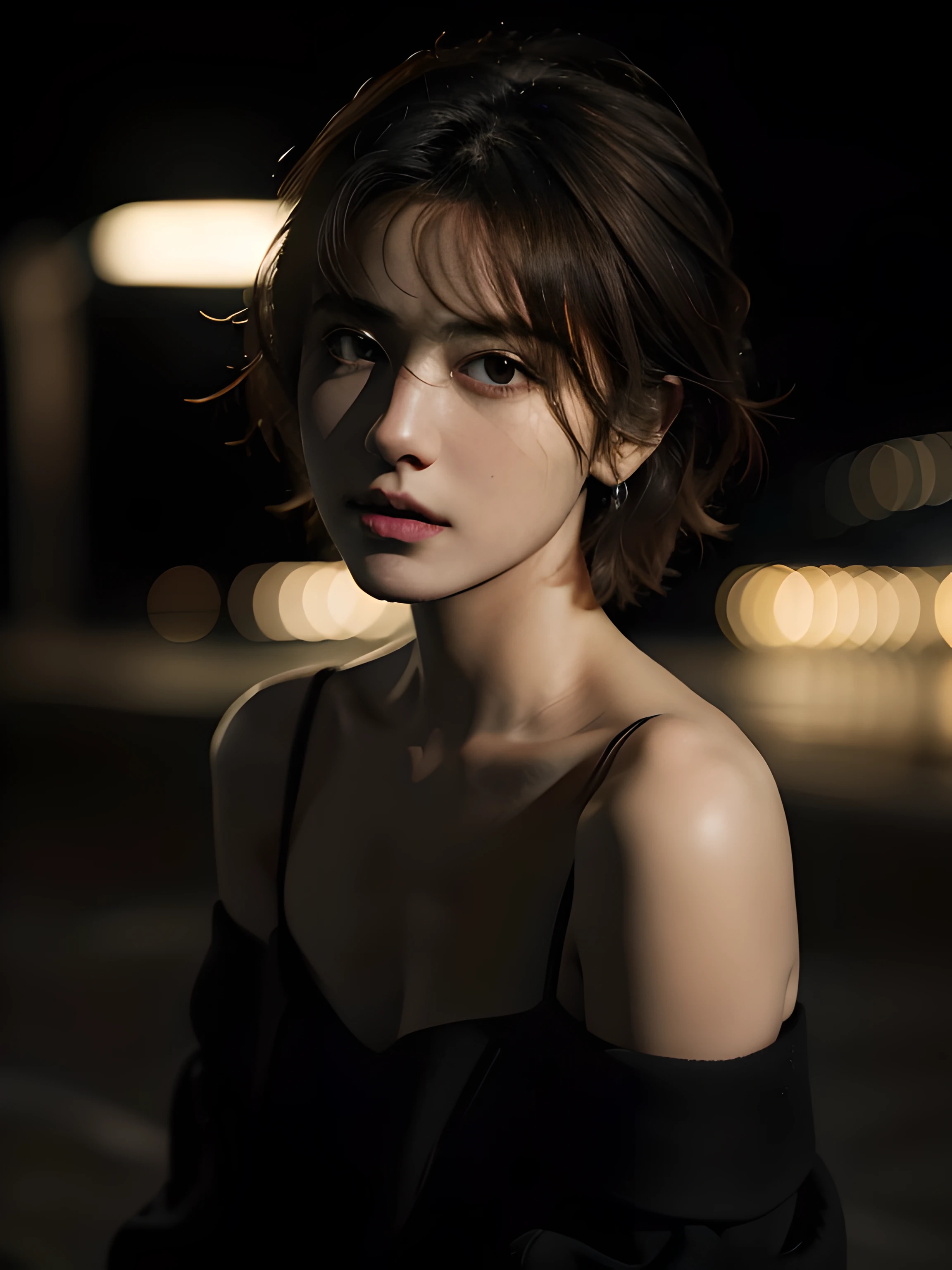 Best quality, masterpiece, ultra high res, (photorealistic:1.5), raw photo, 1girl, offshoulder, in the dark, deep shadow, low key, cold light, sexy look, short hair