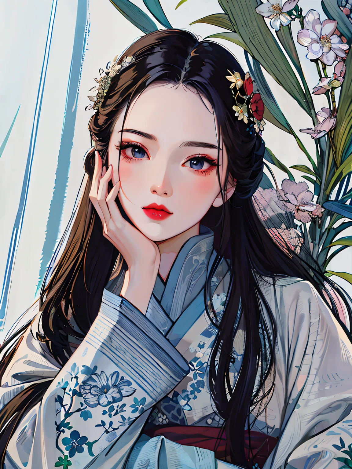 anime girl with long hair and a flower in her hair, Palace , A girl in Hanfu, A beautiful artwork illustration, Beautiful character painting, Beautiful digital illustration, in the art style of bowater, Guviz-style artwork, Digital anime illustration, Beautiful digital artwork, a beautiful anime portrait, Exquisite digital illustration, Chinese girl, Beautiful illustration
