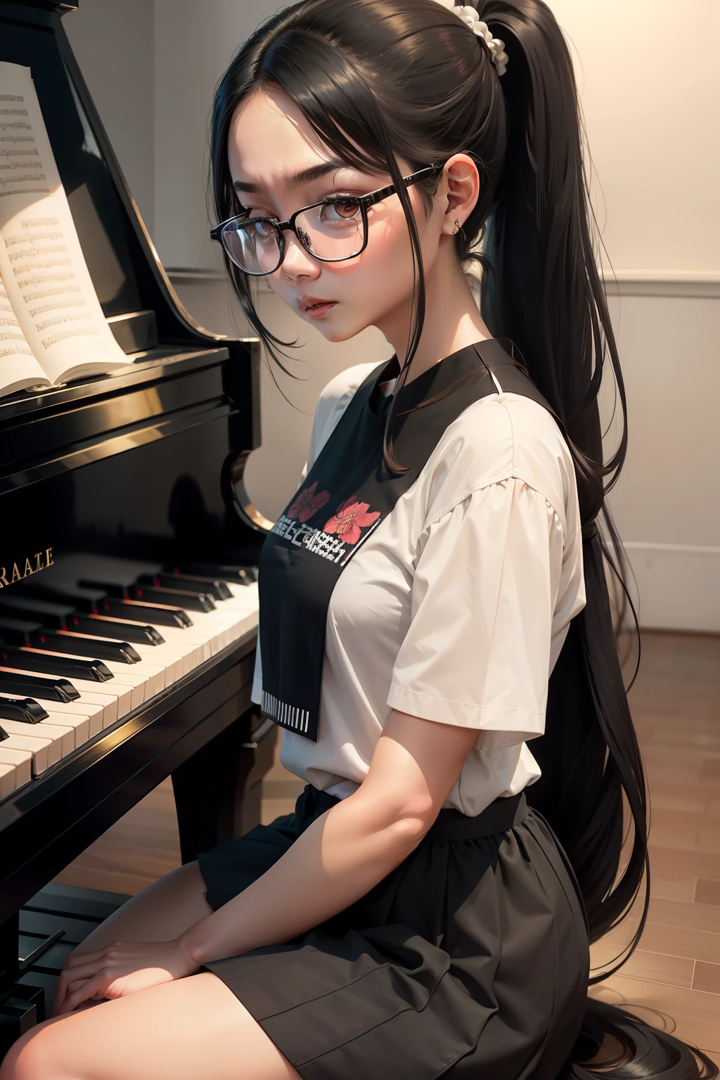 mall，In front of the piano，Long black hair ponytail，With large-frame glasses，Black stepmother skirt，Melon seed face，babyfat，recall
