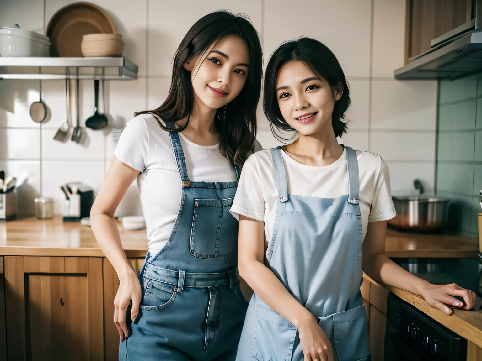 2 women,at the kitchen,Wear a T-shirt、Jeans and aprons,Focus on washing dishes,The face is the focal point。