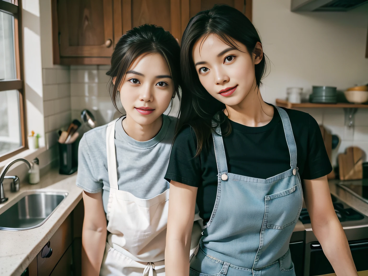 2 women，at the kitchen，Wear a T-shirt、Jeans and aprons，Focus on washing dishes，The face is the focal point。