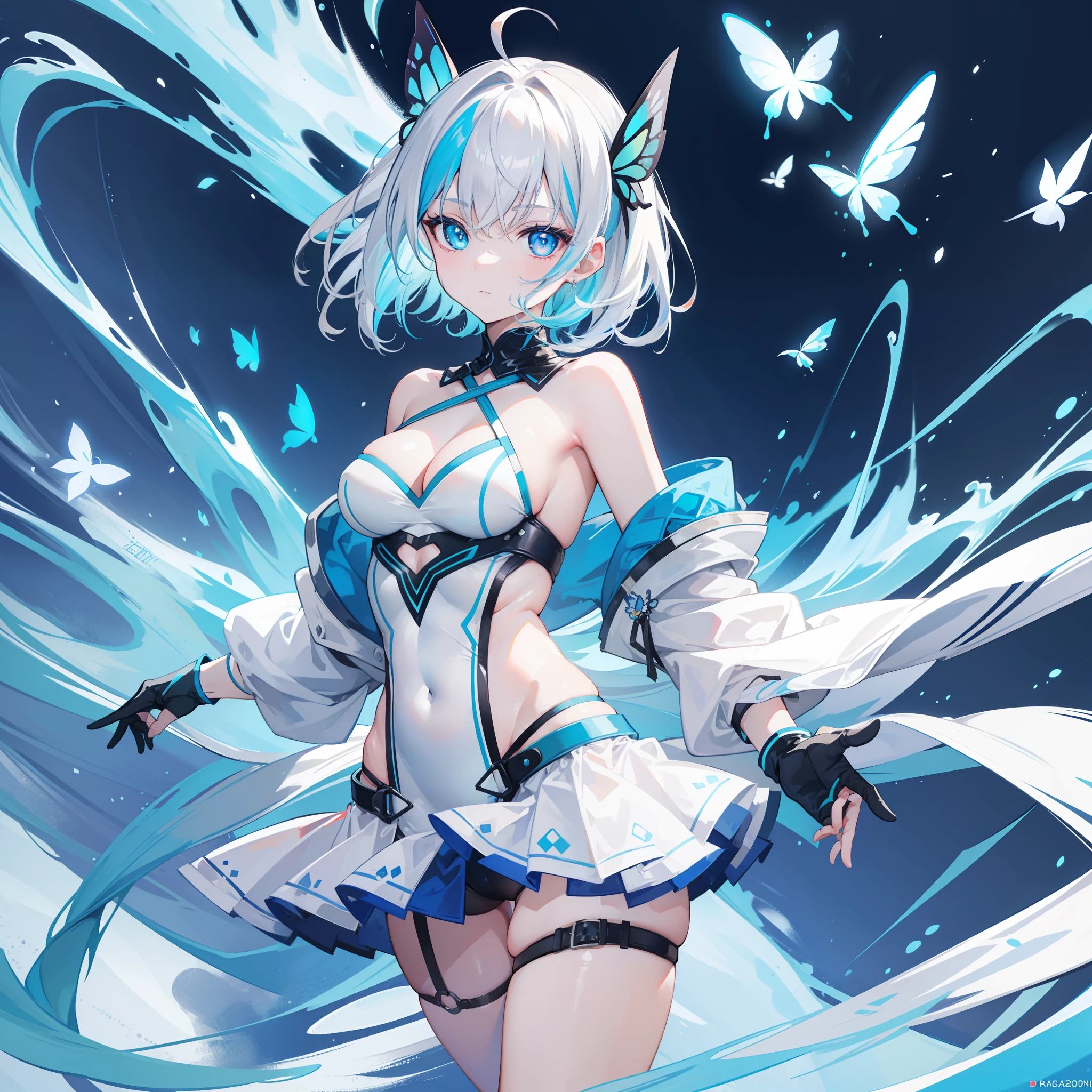 masterpiece, Top quality, Ultra high definition, Maximum resolution, Very detailed, (1 girls) , White hair(blue highlights) , cyan left eyes, blue right eyes, ager, swimming suit, costume with blue accents, (blue color) , medium short hair, solo, heterochromia, wearing gloves, left white gloves, black right gloves, multicolored hair, ahoge, butterfly, thigh straps, medium breasts, full portrait of elementalist, mismatched pupils, multicolored eyes, high quality, best quality,