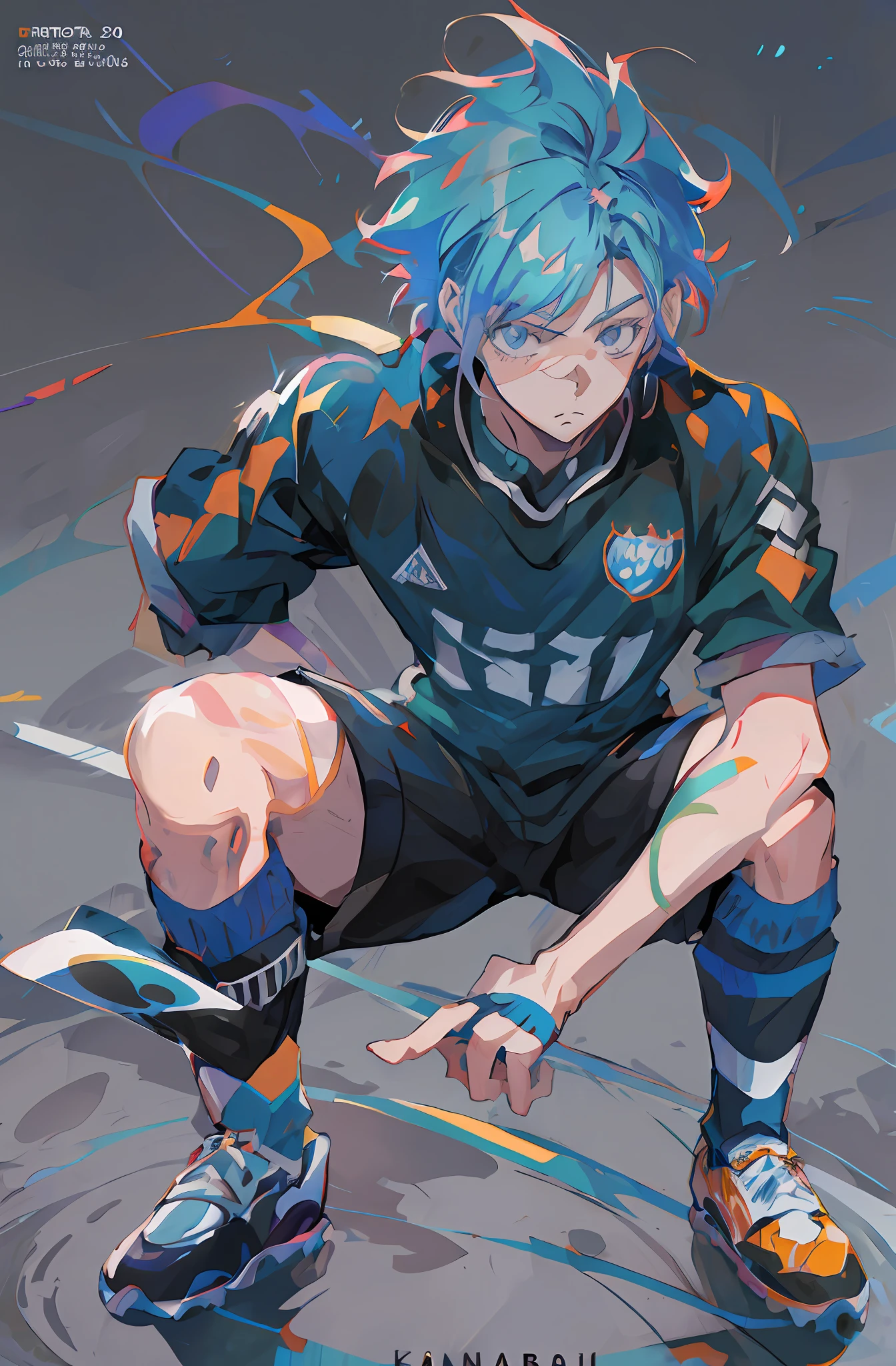 Anime boy with blue hair crouched with his feet on a skateboard, Estilo anime 2D, Kentaro Miura estilo de arte, kentaro miura manga art style, 2 0 2 2 estilo anime, Estilo Anime 2022, anime moe artstyle, Demon Slayer rui fanart, Nagito Komaeda, Estilo anime 4K, personagem estilo anime