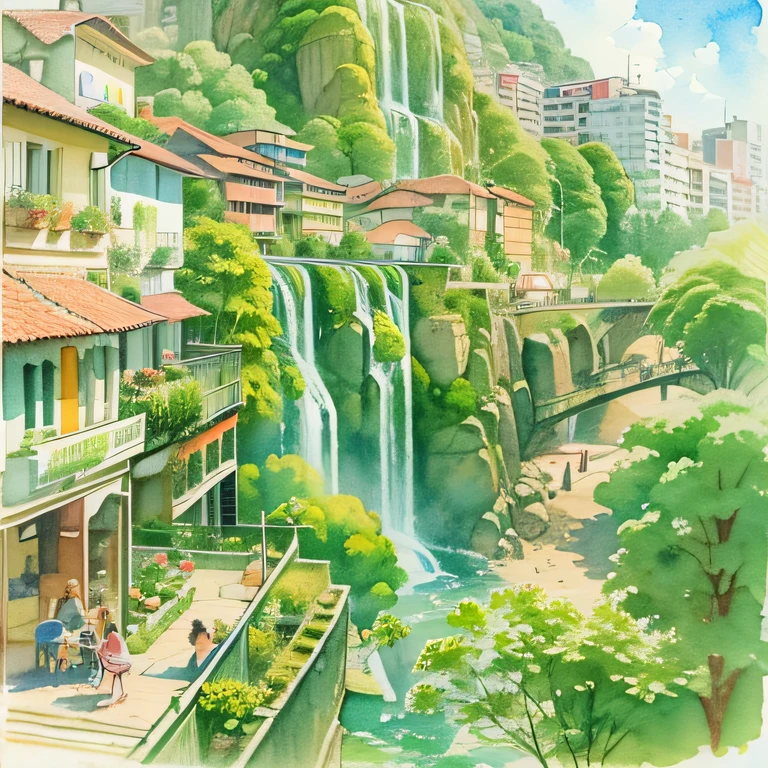 (A drawing in watercolor and pencil of the tourist spot of the city of Salto in São Paulo, Brasil ,Films, alta resolução, natural lightting, cores vivas