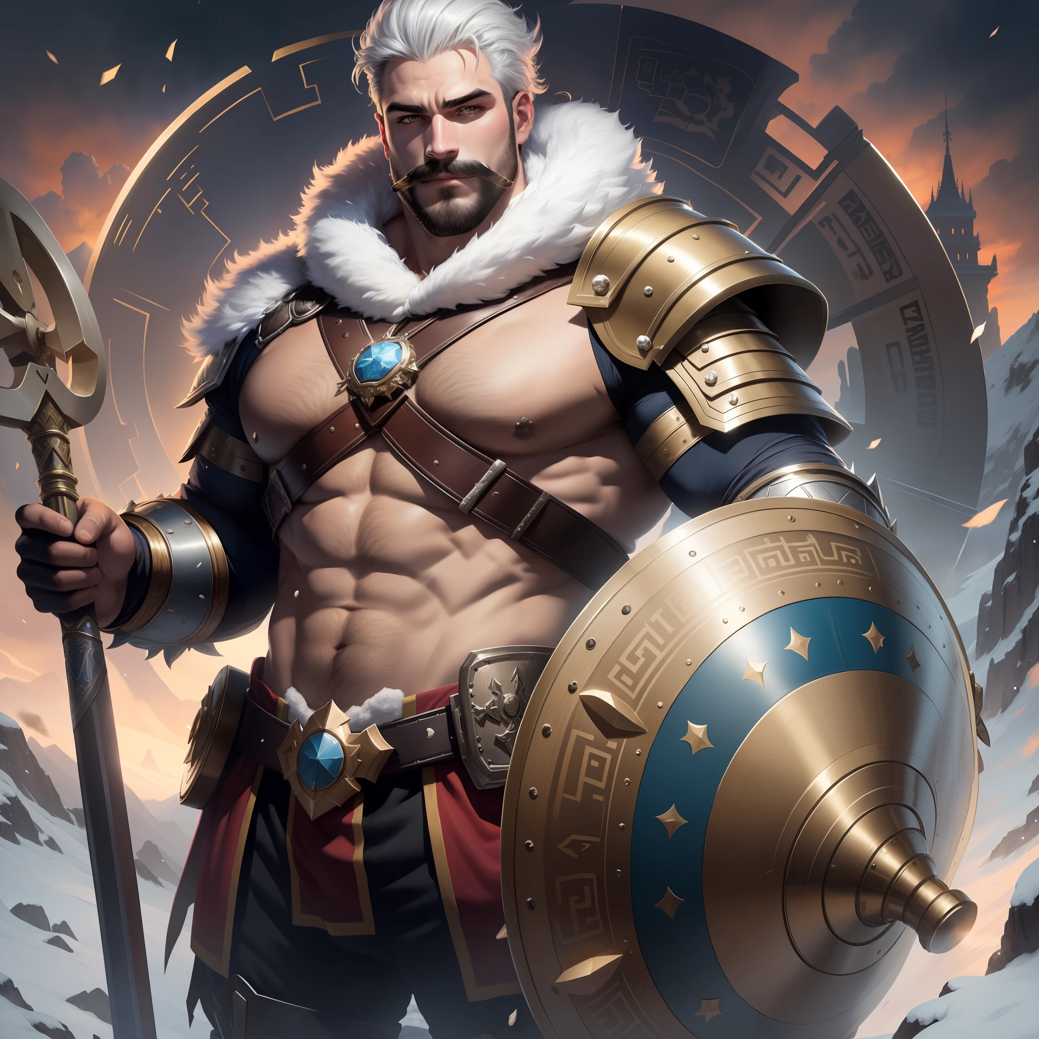 Twilight concept of the gods,Wearing armored plate pants,In his right hand he holds a large, thick square wooden shield,The right shoulder pad is covered with white fur,musculous,burly build,Tall,Bala,bald-headed,big black moustache,without a beard,Happy face,There is a blue thick square tattoo on the left side of the body,A high resolution,snowy mountain background