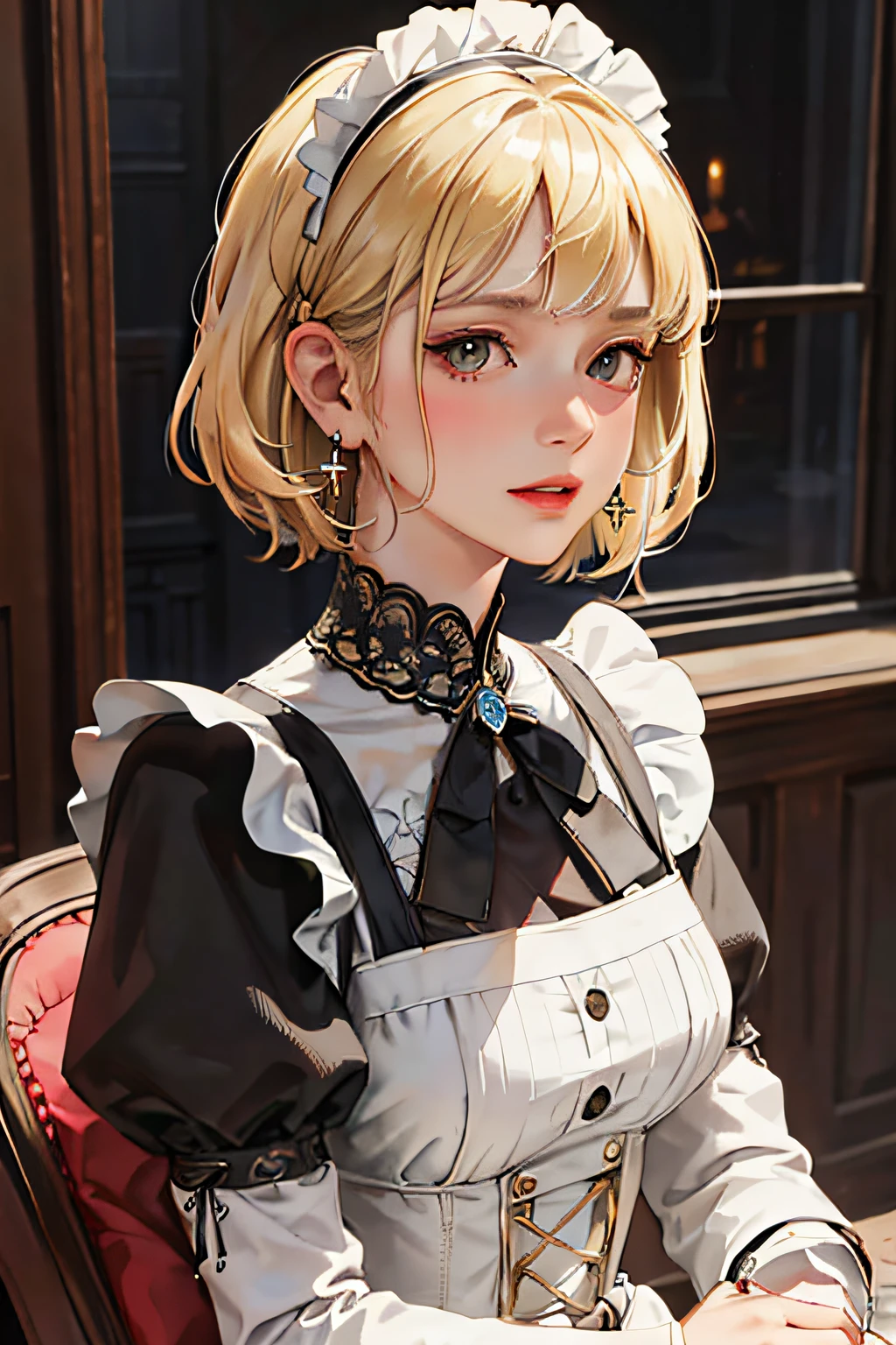 (masterpiece:1.2, best quality), (real photo, intricate details), solo, 1milf, house, close-up of face, maid outfit, (front focus), large round earrings , Look at me, bangs, short hair, blonde hair, layered hair