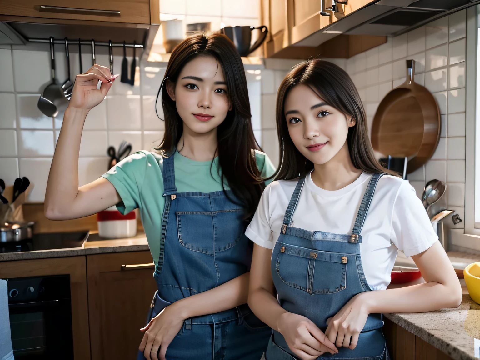 2 women,at the kitchen,Wear a T-shirt、Jeans and aprons,Focus on washing dishes,The face is the focal point。