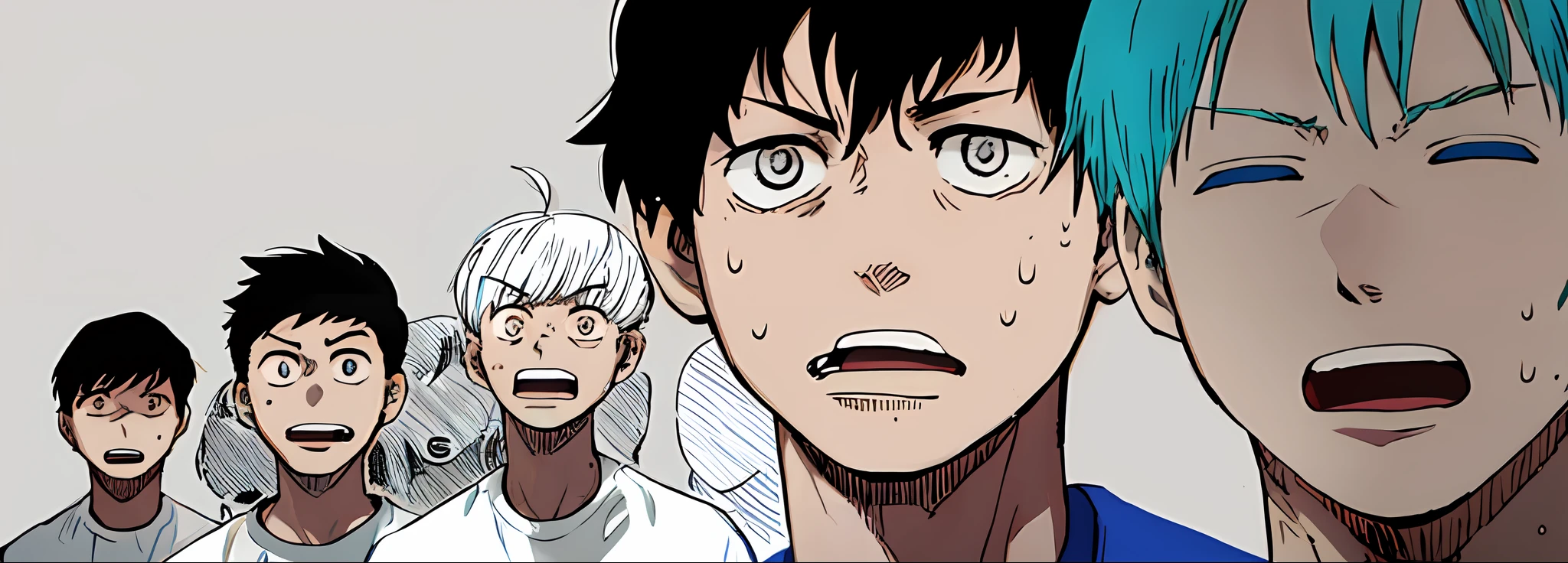 a anime of a boys manga, shocked, sweat, shirt, color manga, manga color, color manga, color manga panel, simple background