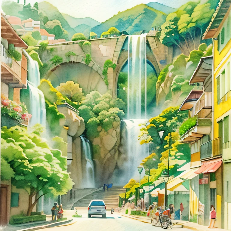 (A drawing in watercolor and pencil of the tourist spot of the city of Salto in São Paulo, Brasil ,Films, alta resolução, natural  lightting, cores vivas