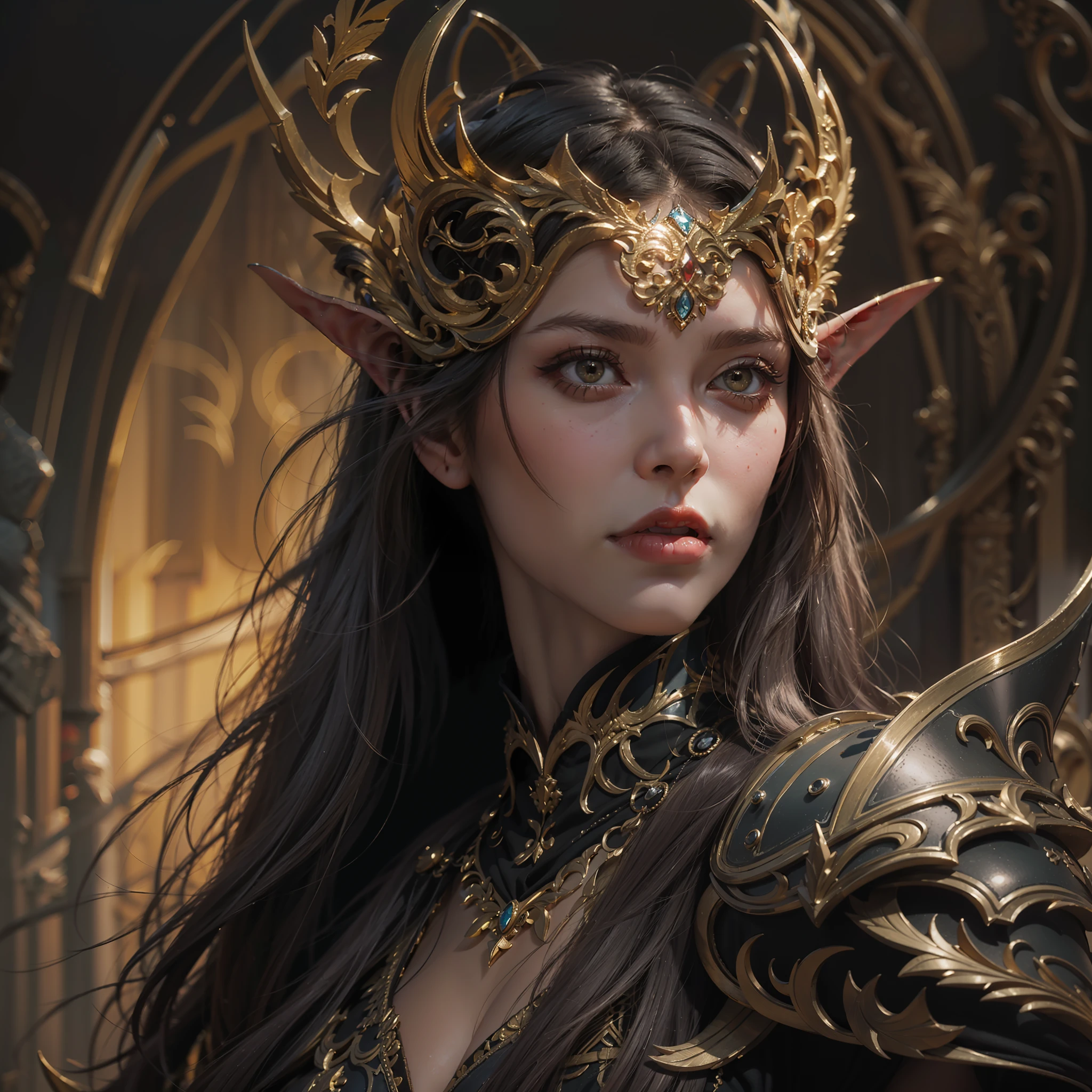 Beautiful close-up portrait painting of perfect female elf warrior, shapeless long hair, perfect features, (wearing black and gold ornate elven armor), abstract beauty, near perfection, pure form, dynamic pose, ethereal background, (deep dark shadows), (strong cinematic lighting), (back lighting), concept art by Greg Rutkowski and John William Waterhouse and Alphonse Mucha, intricate detail, 8k post-production, High resolution, super Detail, trending on ArtStation, sharp focus, depth of field f/1.8, studio photos.