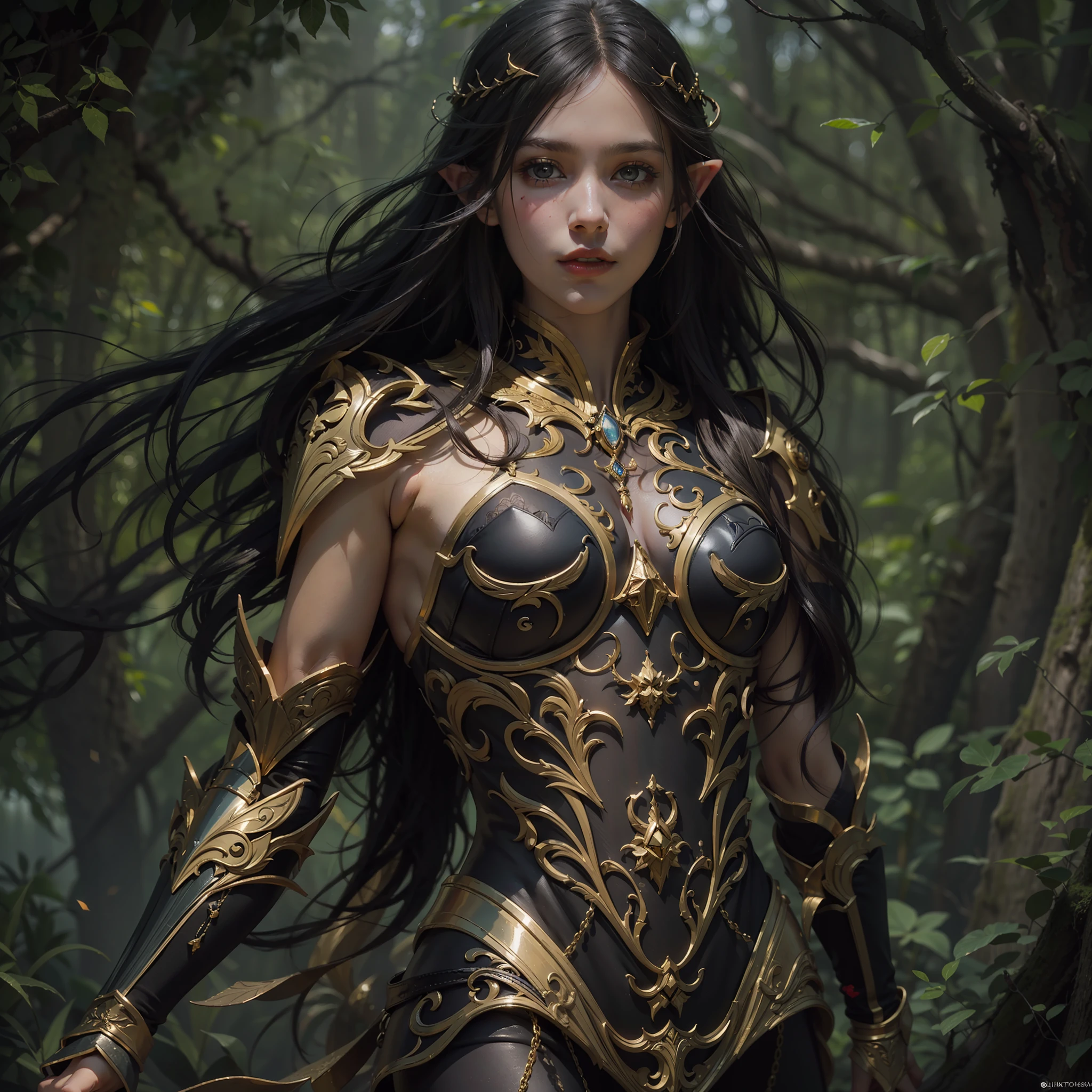 Beautiful close-up portrait painting of perfect female elf warrior, shapeless long hair, perfect features, (wearing black and gold ornate elven armor), abstract beauty, near perfection, pure form, dynamic pose, ethereal background, (deep dark shadows), (strong cinematic lighting), (back lighting), concept art by Greg Rutkowski and John William Waterhouse and Alphonse Mucha, intricate detail, 8k post-production, High resolution, super Detail, trending on ArtStation, sharp focus, depth of field f/1.8, studio photos.