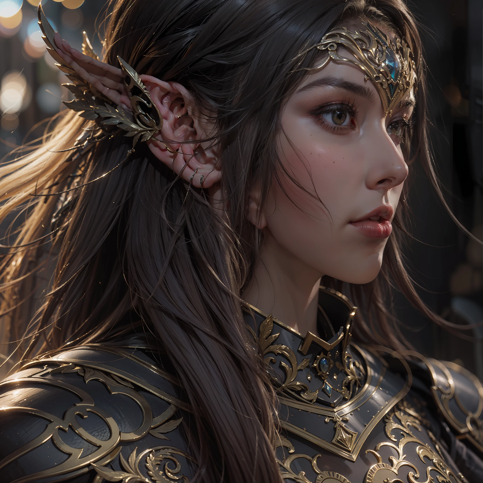 Beautiful close-up portrait painting of perfect female elf warrior, shapeless long hair, perfect features, (wearing black and gold ornate elven armor), abstract beauty, near perfection, pure form, dynamic pose, ethereal background, (deep dark shadows), (strong cinematic lighting), (back lighting), concept art by Greg Rutkowski and John William Waterhouse and Alphonse Mucha, intricate detail, 8k post-production, High resolution, super Detail, trending on ArtStation, sharp focus, depth of field f/1.8, studio photos.