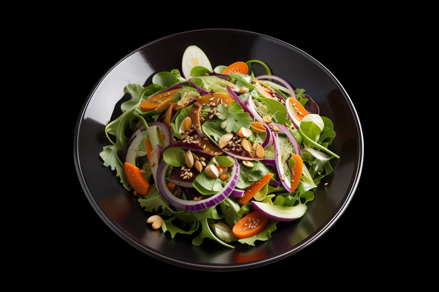 Generate a breathtaking 64K image of an Asian vegetable salad, meticulously capturing the vibrant colors and intricate textures in realistic detail against an alluring black backdrop, ideal for professional photography.