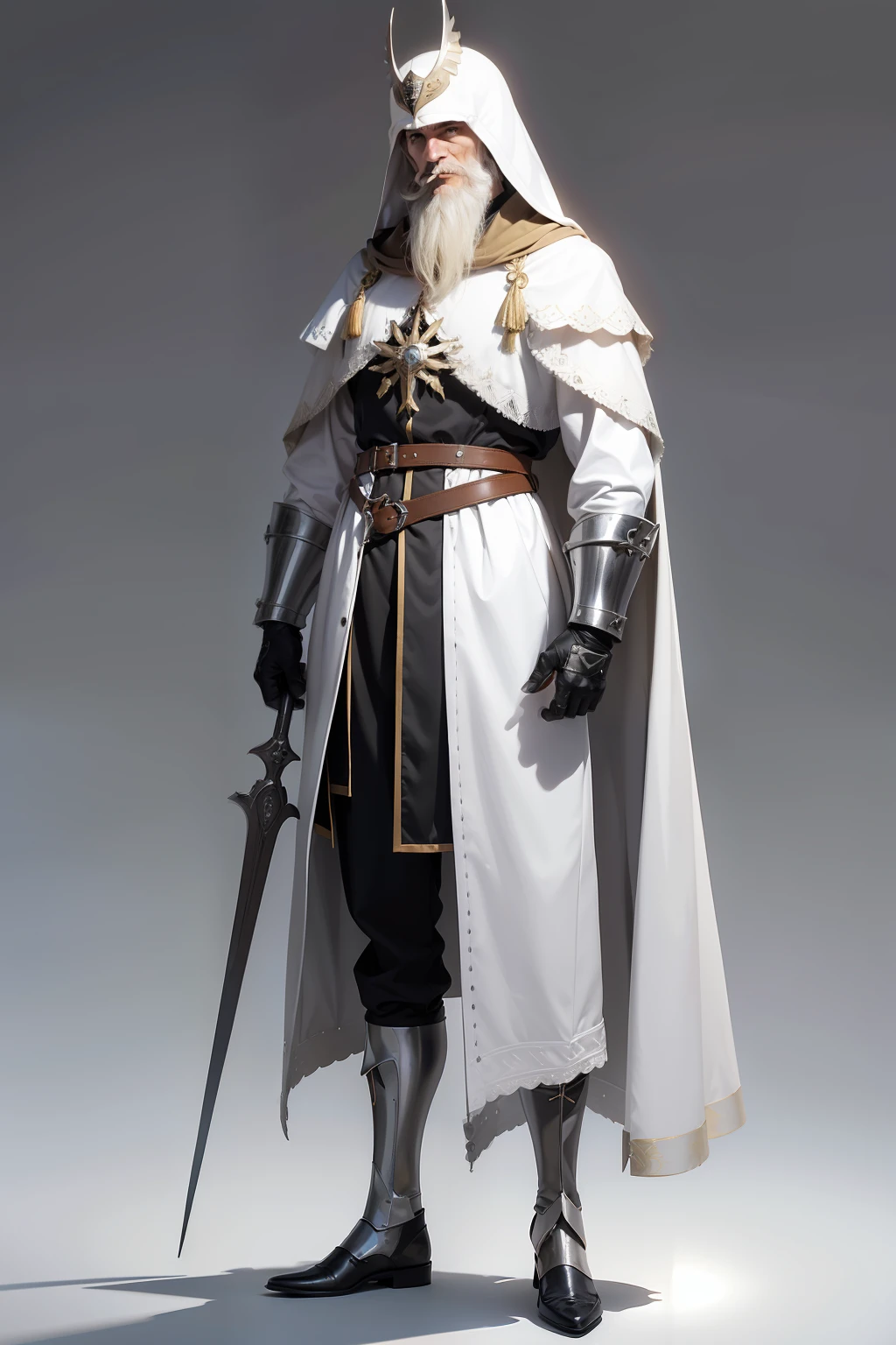 realista, homem 40 anos, longos cabelos brancos, longa barba branca, roupas luxuosas e brancas, Armadura medieval, armadura de prata, capacete com chifres, Pants, mundo, corpo inteiro, fundo branco