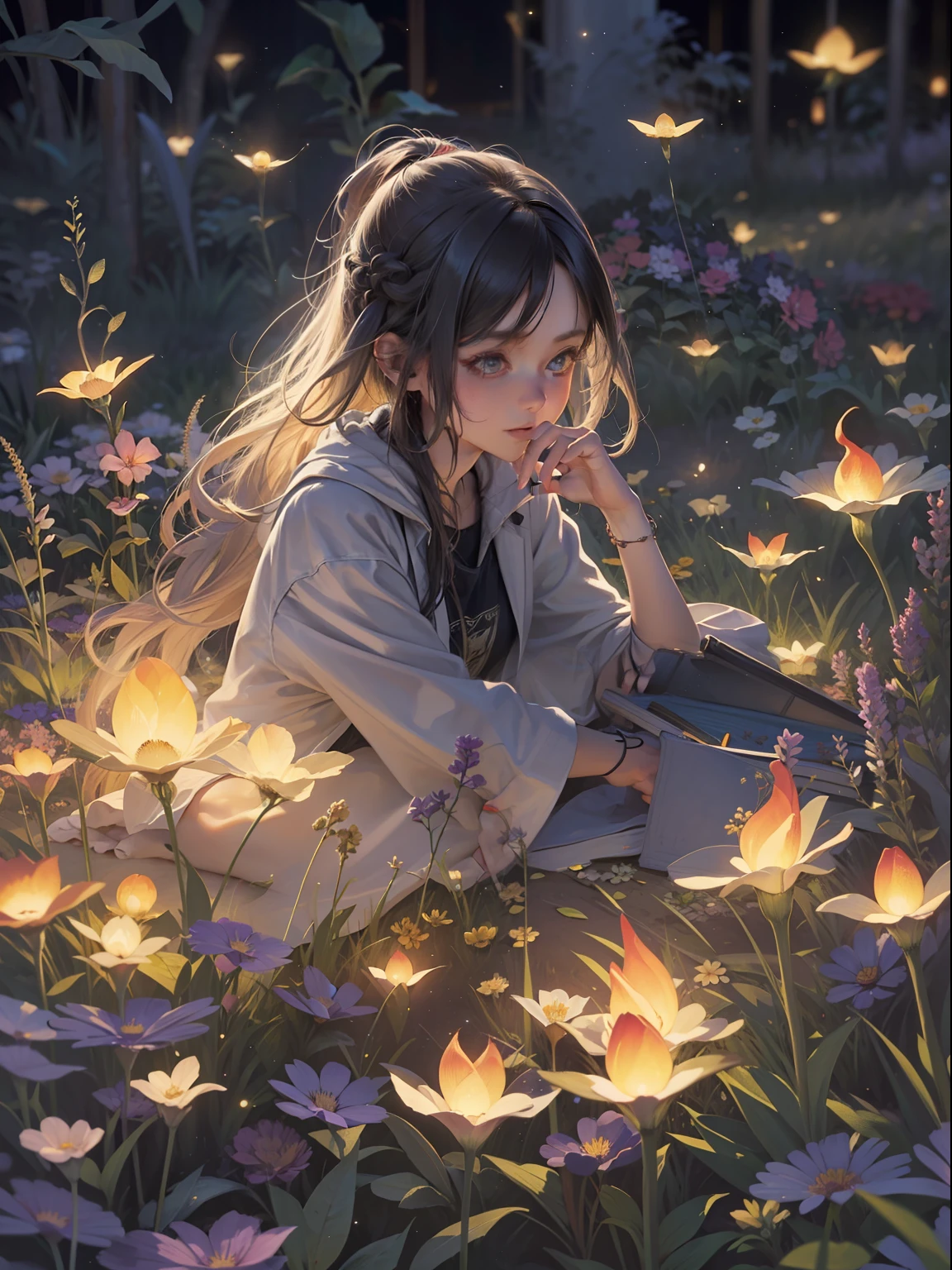 bit girl,There are large tracts of fireflies,Summer is coming to an end,On the lawn,evening light,Skysky,Faraway view,Hand detail,detail in face,plethora of colors