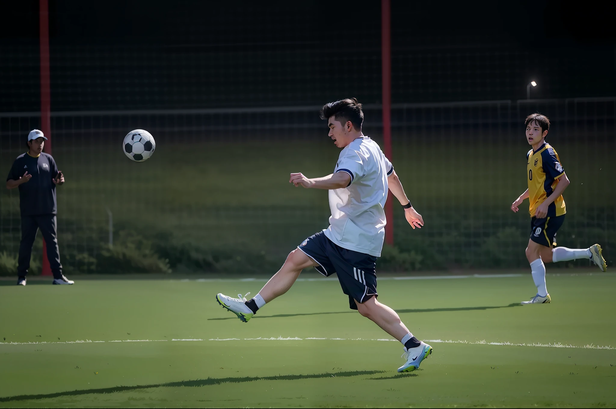 They play football on the pitch at night, taken with canon 8 0 d, action shot, play soccer, best qualtiy, tmasterpiece, 超A high resolution, (realisticlying:1.5), RAW photogr,in the darkness nigth, deep shading, low tune, cold light, short detailed hair,Black hair, surrealism, surrealism, Cinematic lighting, 8K, Super detail, High details, High quality, Award-Awarded, A high resolution, 16k, Anatomically correct, Textured skin