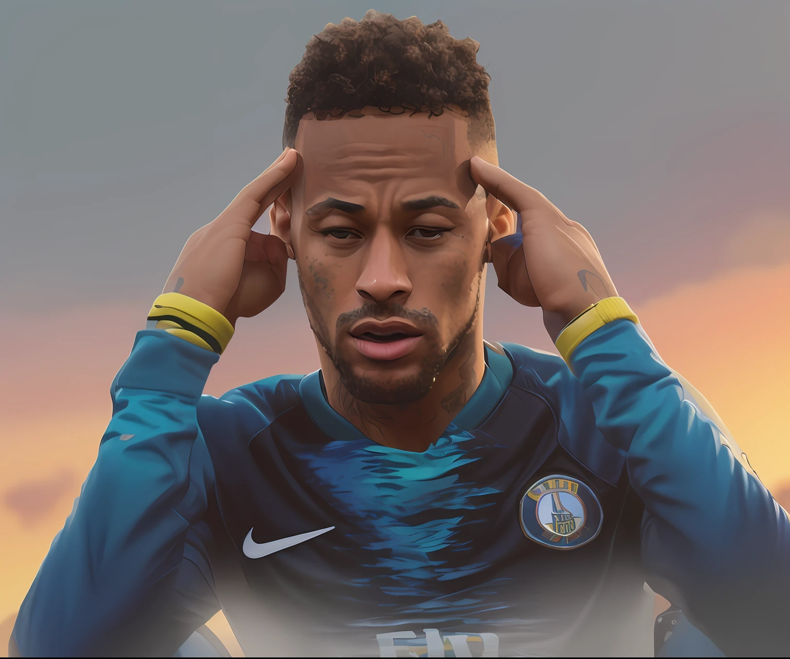 a closeup of a man holding his head in his hands, neymar jr, neymar, Neymar em Fortnite, neymar em gta v, ๐๐๐โบ๐๐๐, inspirado em Jules Tavernier, ๐ช ๐จ;๐๐, apavorado ๐ฟ, ๐๐คก, ๐จ๐, fim de uma era, trending on dribbble, photohopped