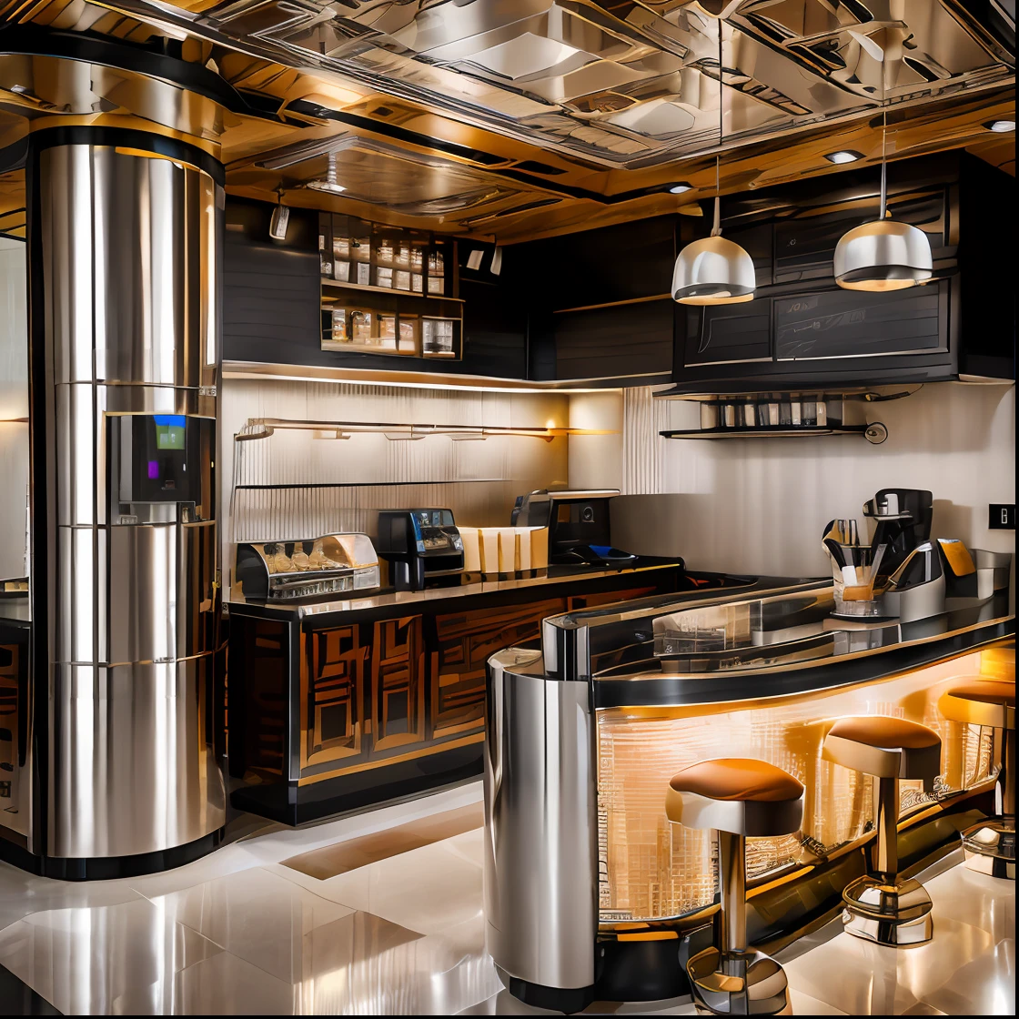 Coffee shop , art deco style , stainless steel , day light , luxury , minimalism design , hd 8k , details , light warm-up, sharpen details 8k, fullcolor , coffee machine