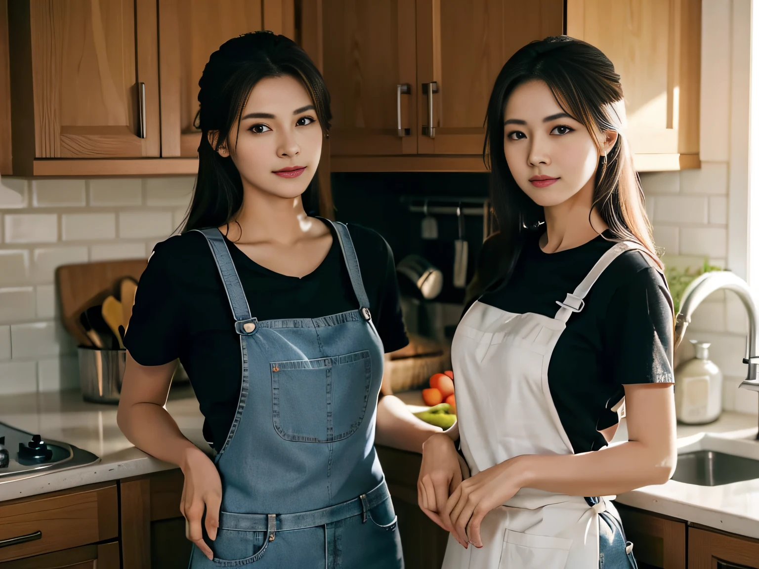 2 women，at the kitchen，Wear a T-shirt、Jeans and aprons，Focus on washing dishes，The face is the focal point。