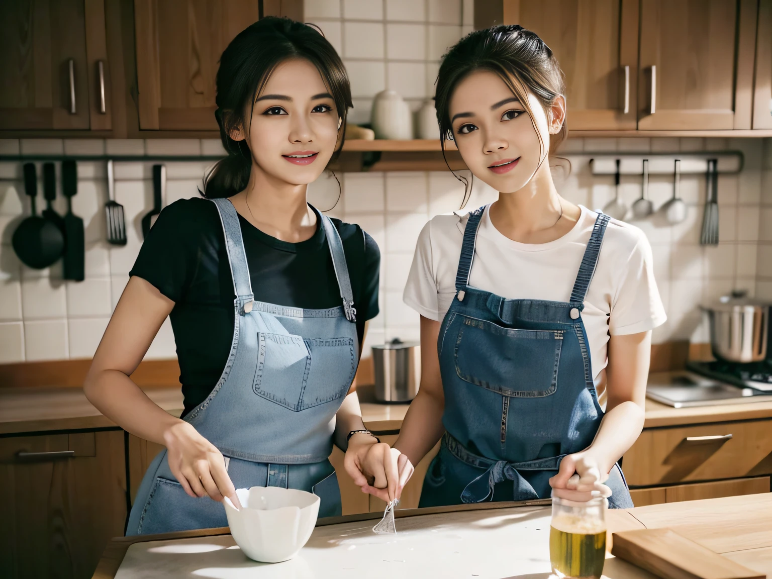 2 women,at the kitchen,Wear a T-shirt、Jeans and aprons,Focus on washing dishes,The face is the focal point。