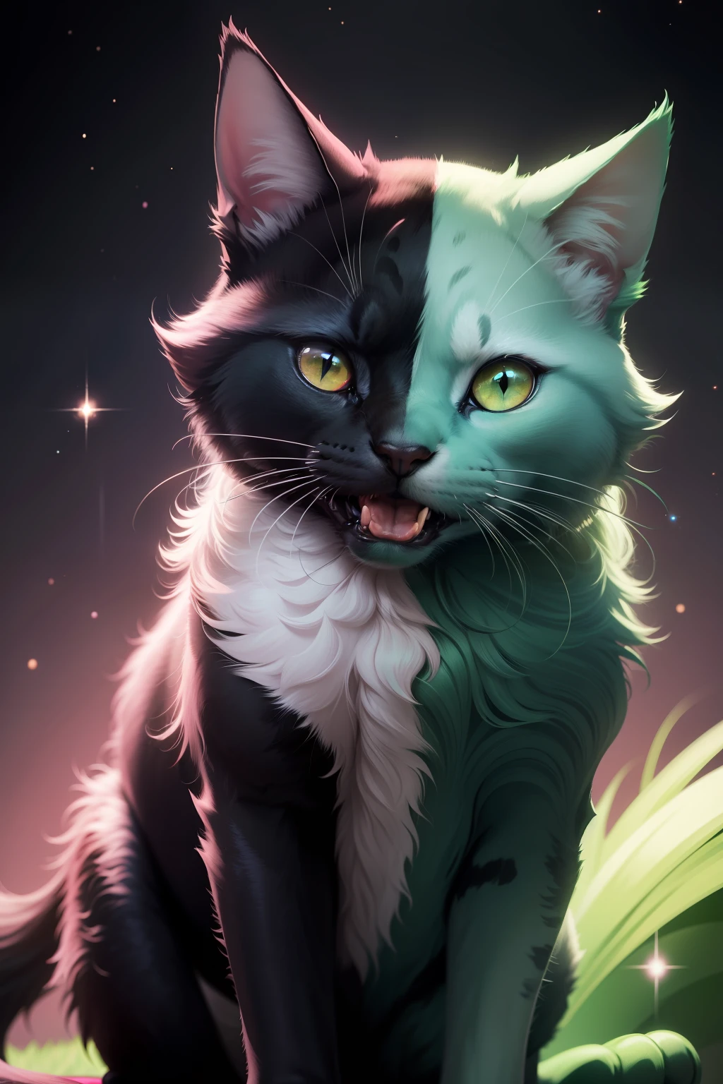 a green cat with black eyes and a pink nose sticking out its tongue, space cat, cat from the void, toxic cat, digital green fox